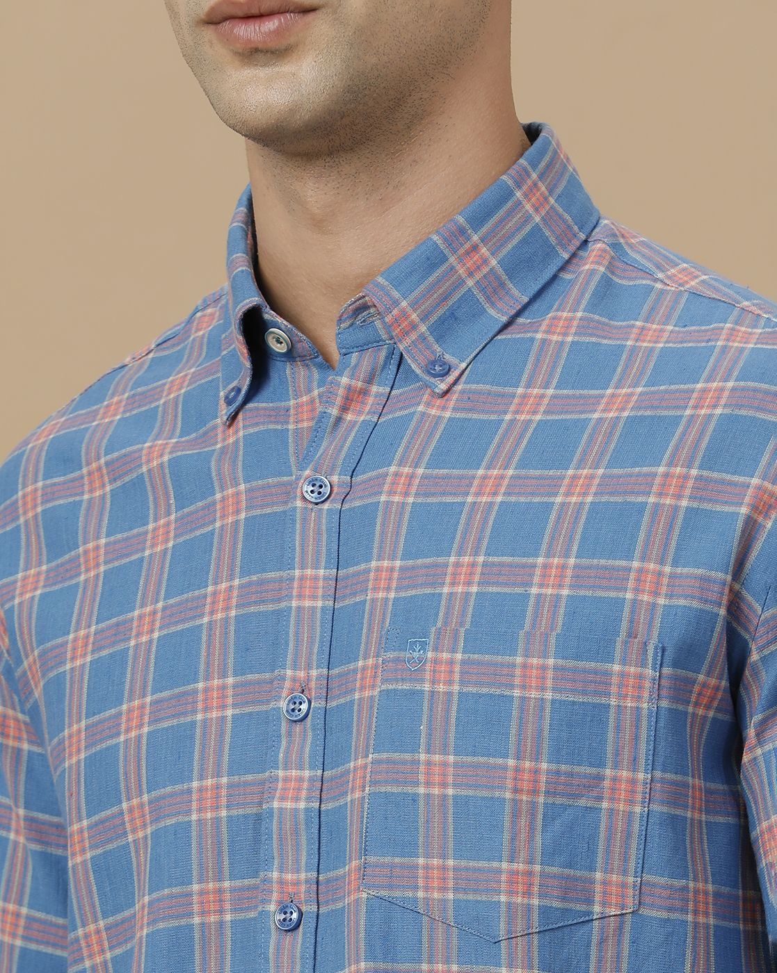Linen Club Men's Linen Rich Blue Checked Contemporary Fit Full Sleeve Casual Shirt