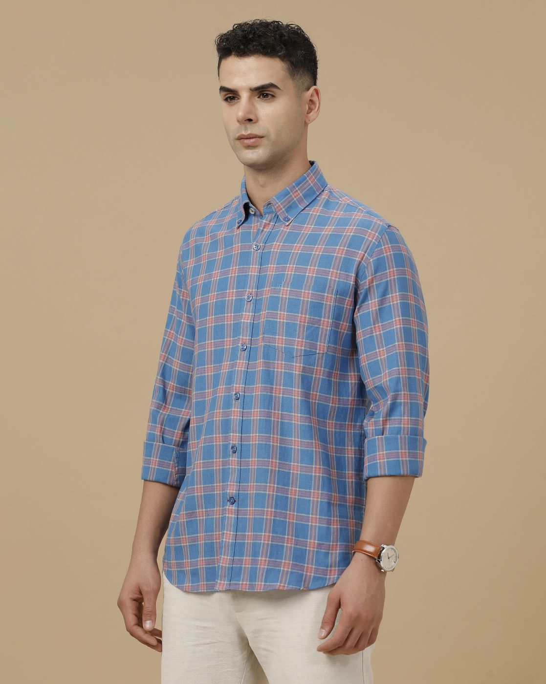 Linen Club Men's Linen Rich Blue Checked Contemporary Fit Full Sleeve Casual Shirt
