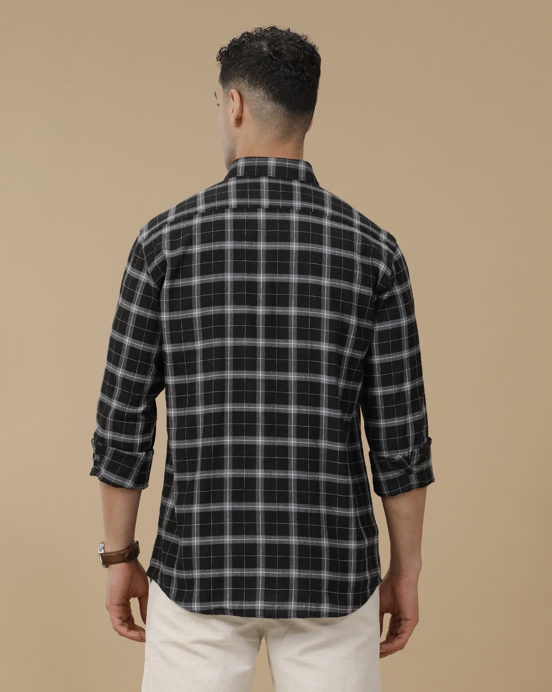 Linen Club Men's Linen Rich Black Checked Contemporary Fit Full Sleeve Casual Shirt