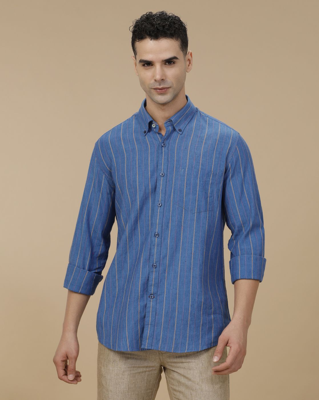 Linen Club Men's Linen Rich Blue Striped Contemporary Fit Full Sleeve Casual Shirt