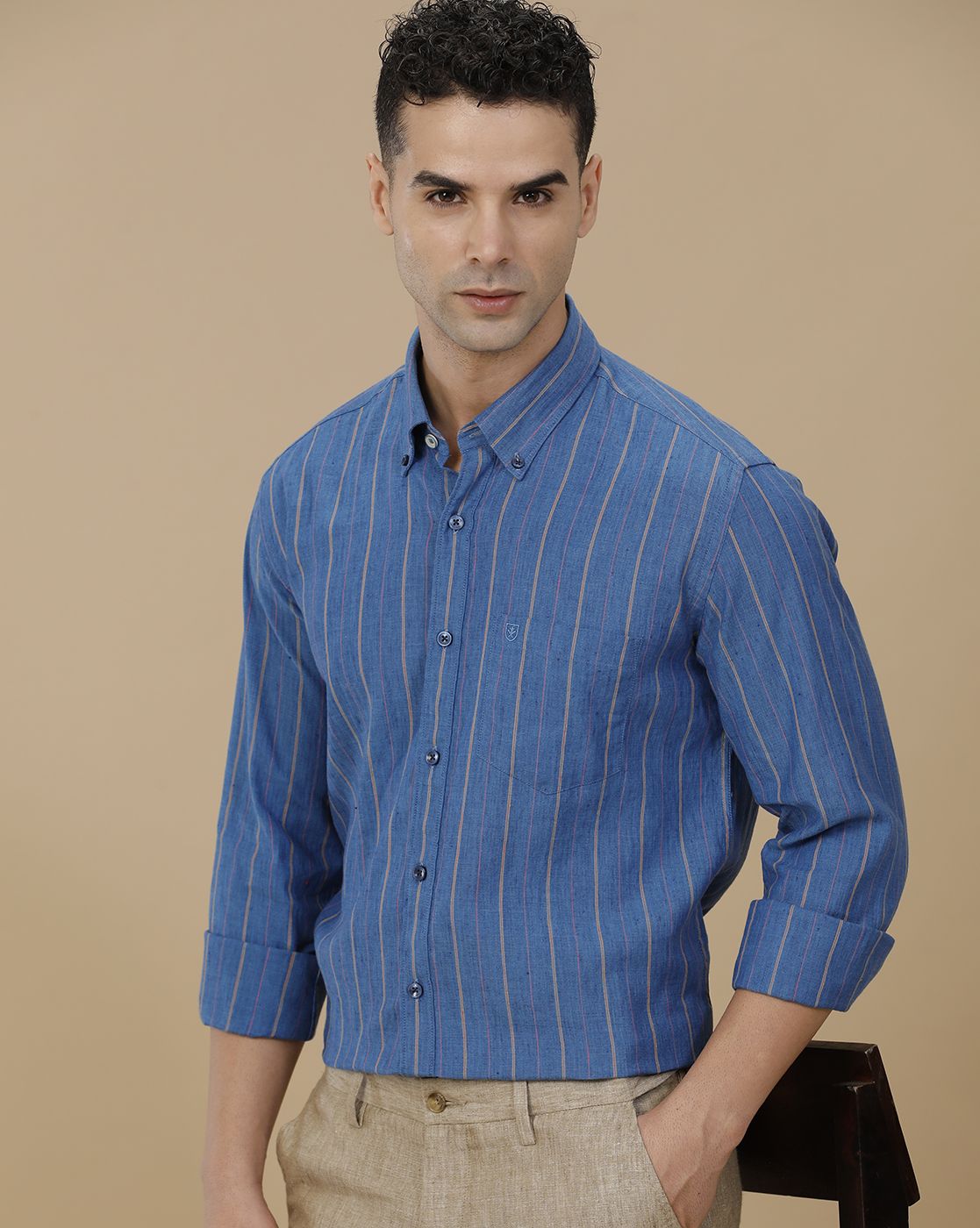 Linen Club Men's Linen Rich Blue Striped Contemporary Fit Full Sleeve Casual Shirt