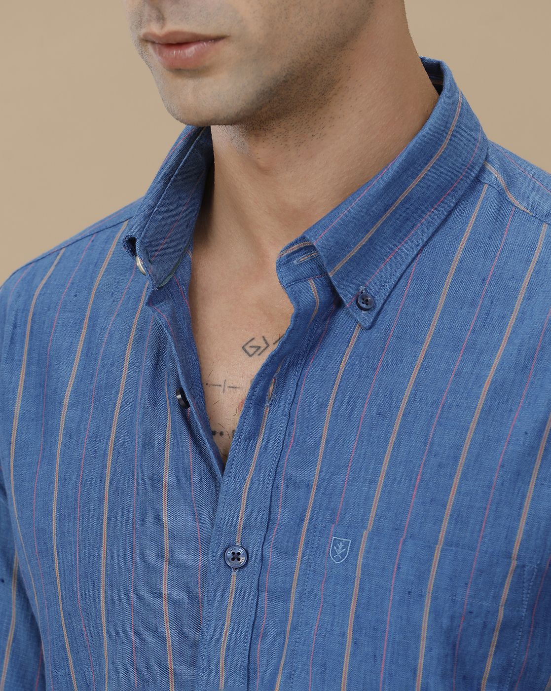 Linen Club Men's Linen Rich Blue Striped Contemporary Fit Full Sleeve Casual Shirt