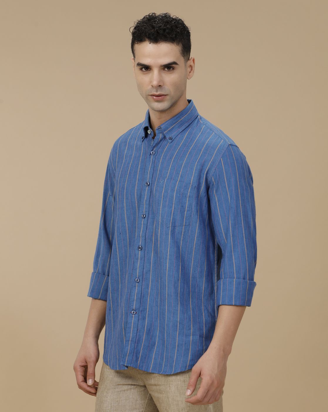 Linen Club Men's Linen Rich Blue Striped Contemporary Fit Full Sleeve Casual Shirt
