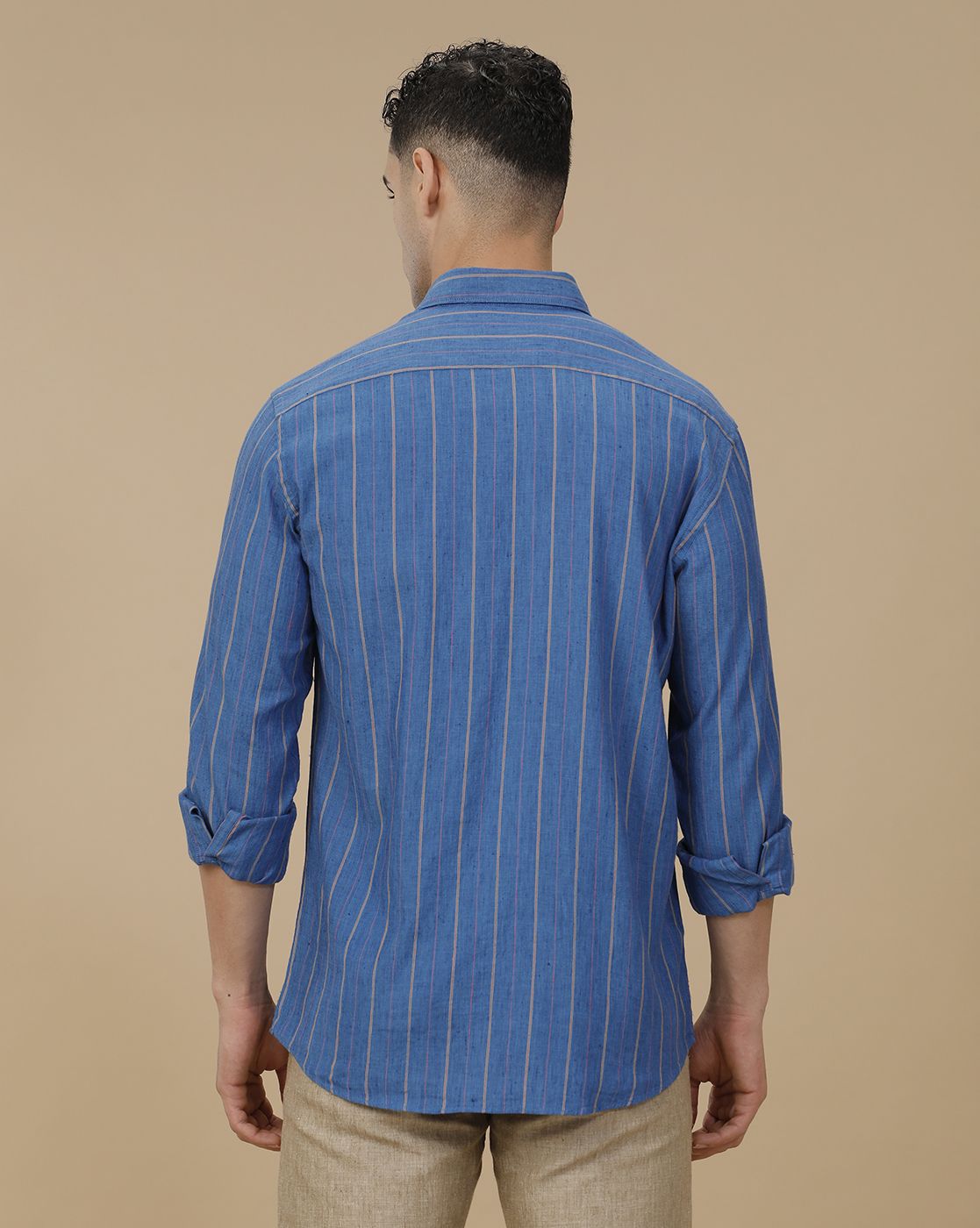 Linen Club Men's Linen Rich Blue Striped Contemporary Fit Full Sleeve Casual Shirt