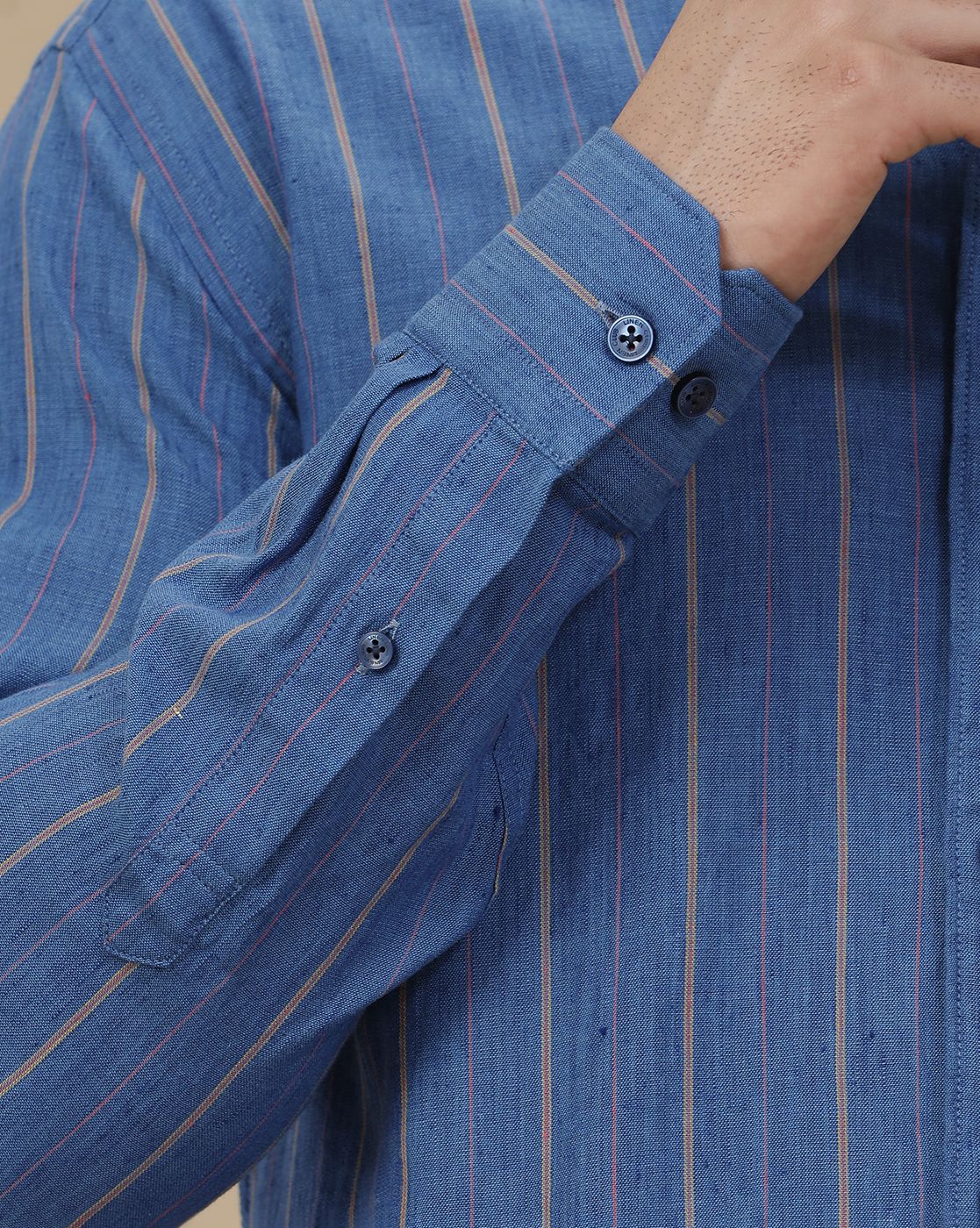 Linen Club Men's Linen Rich Blue Striped Contemporary Fit Full Sleeve Casual Shirt