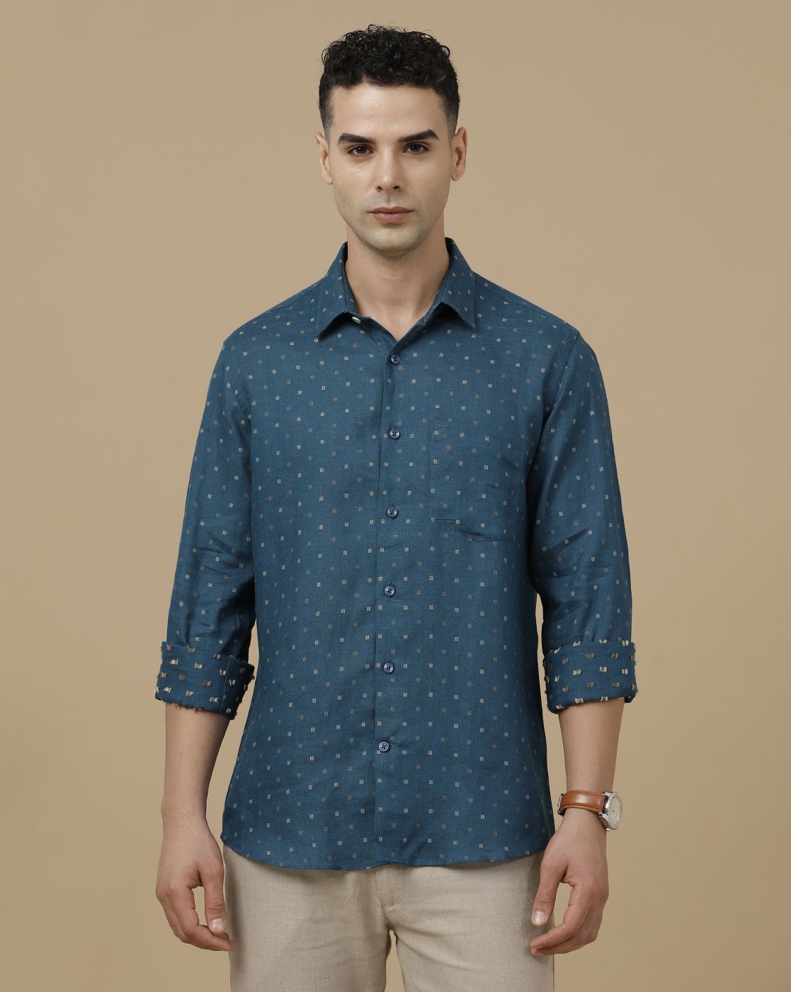 Linen Club Men's Pure Linen Blue Dobby Contemporary Fit Full Sleeve Casual Shirt