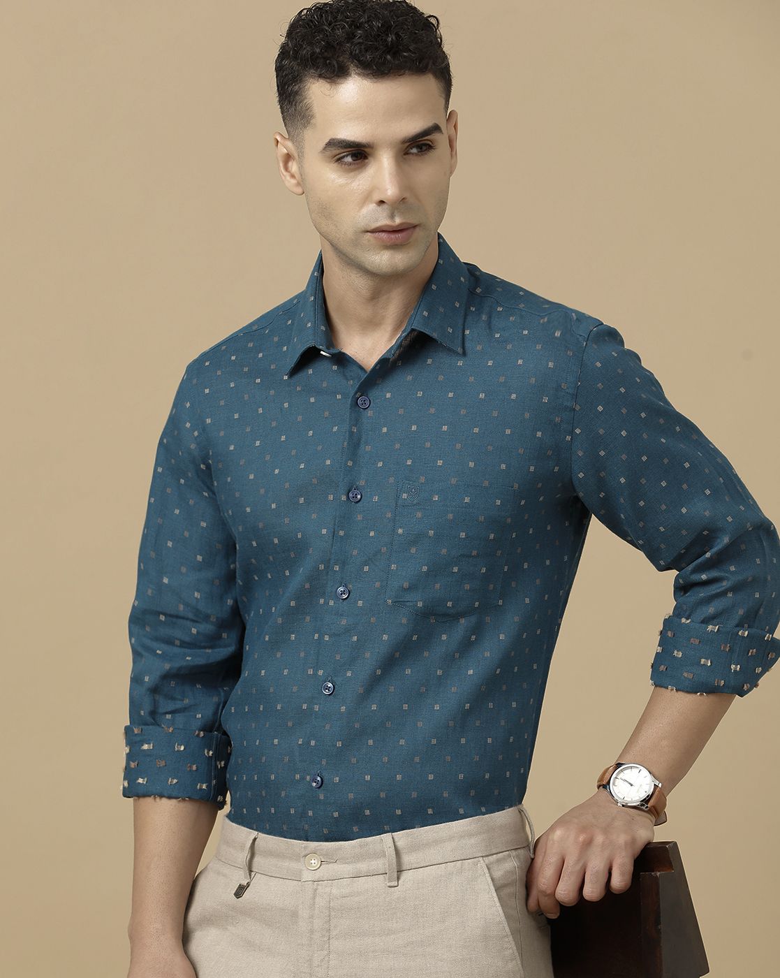 Linen Club Men's Pure Linen Blue Dobby Contemporary Fit Full Sleeve Casual Shirt