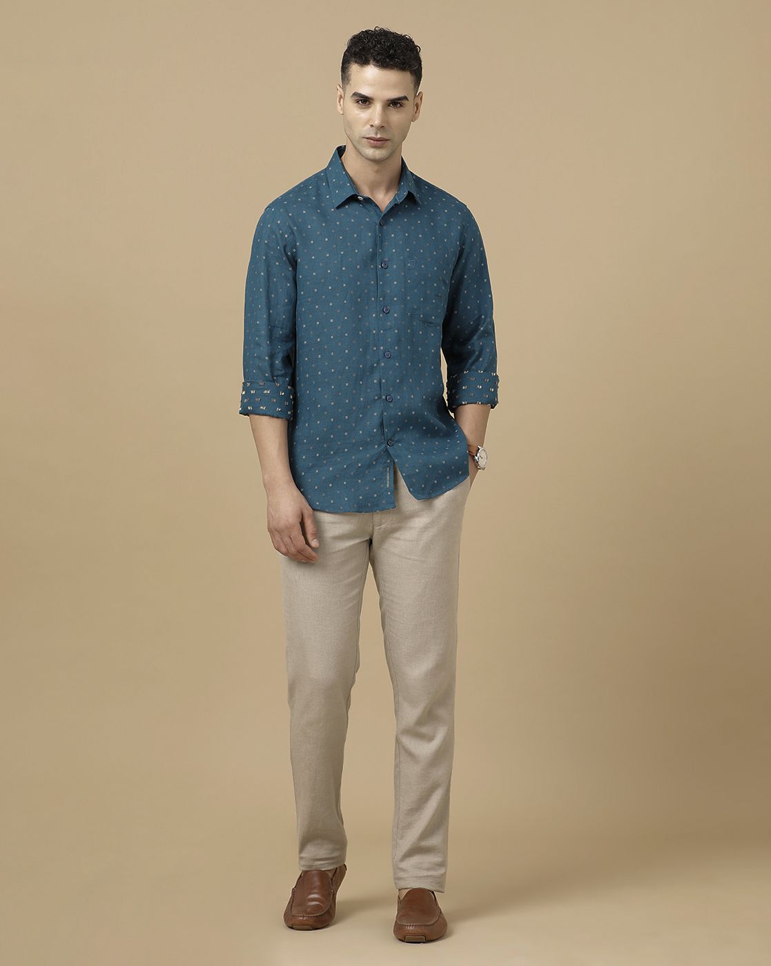 Linen Club Men's Pure Linen Blue Dobby Contemporary Fit Full Sleeve Casual Shirt