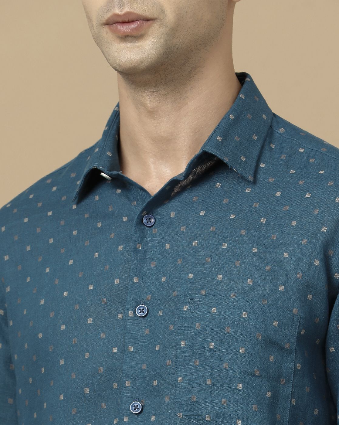 Linen Club Men's Pure Linen Blue Dobby Contemporary Fit Full Sleeve Casual Shirt