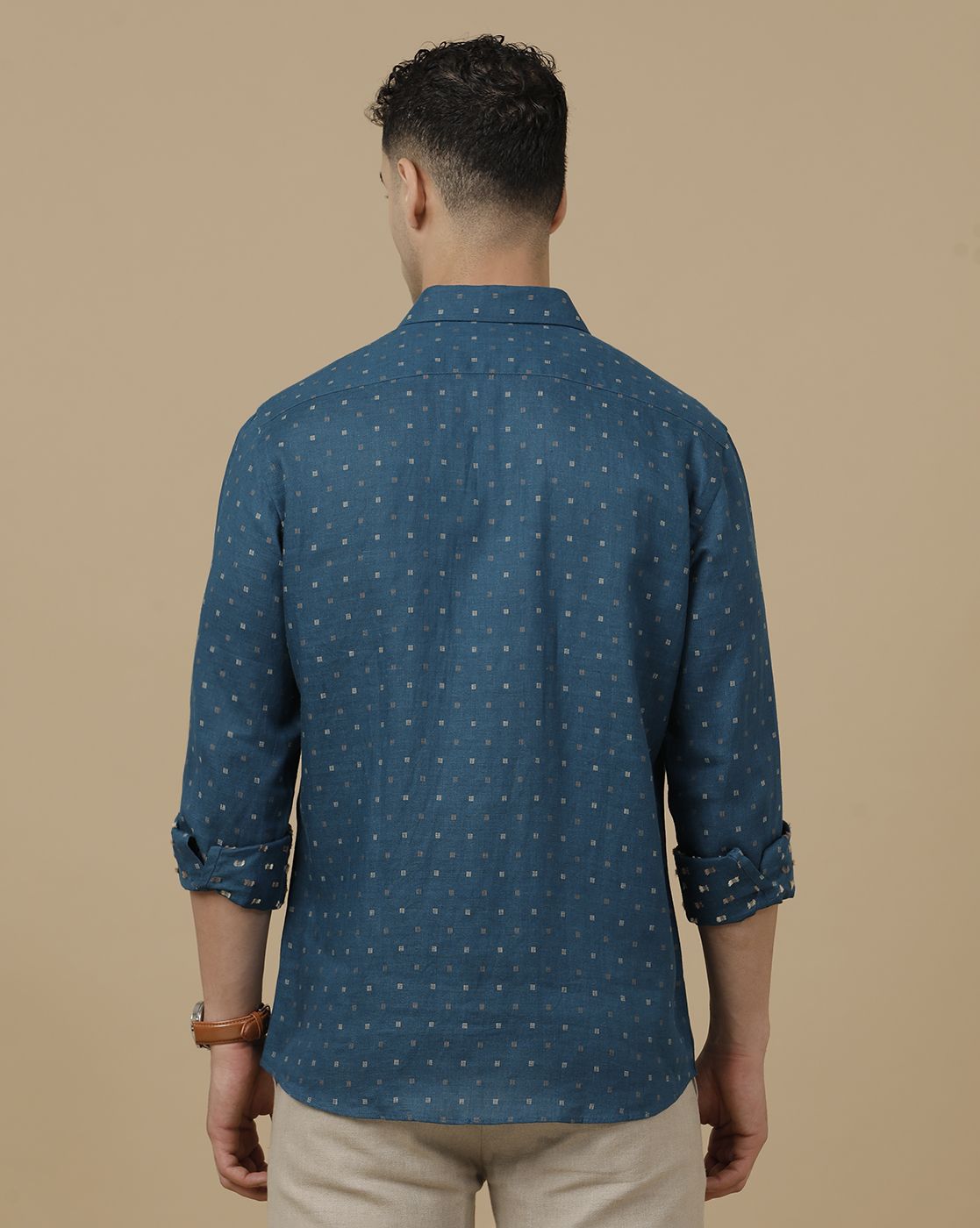 Linen Club Men's Pure Linen Blue Dobby Contemporary Fit Full Sleeve Casual Shirt