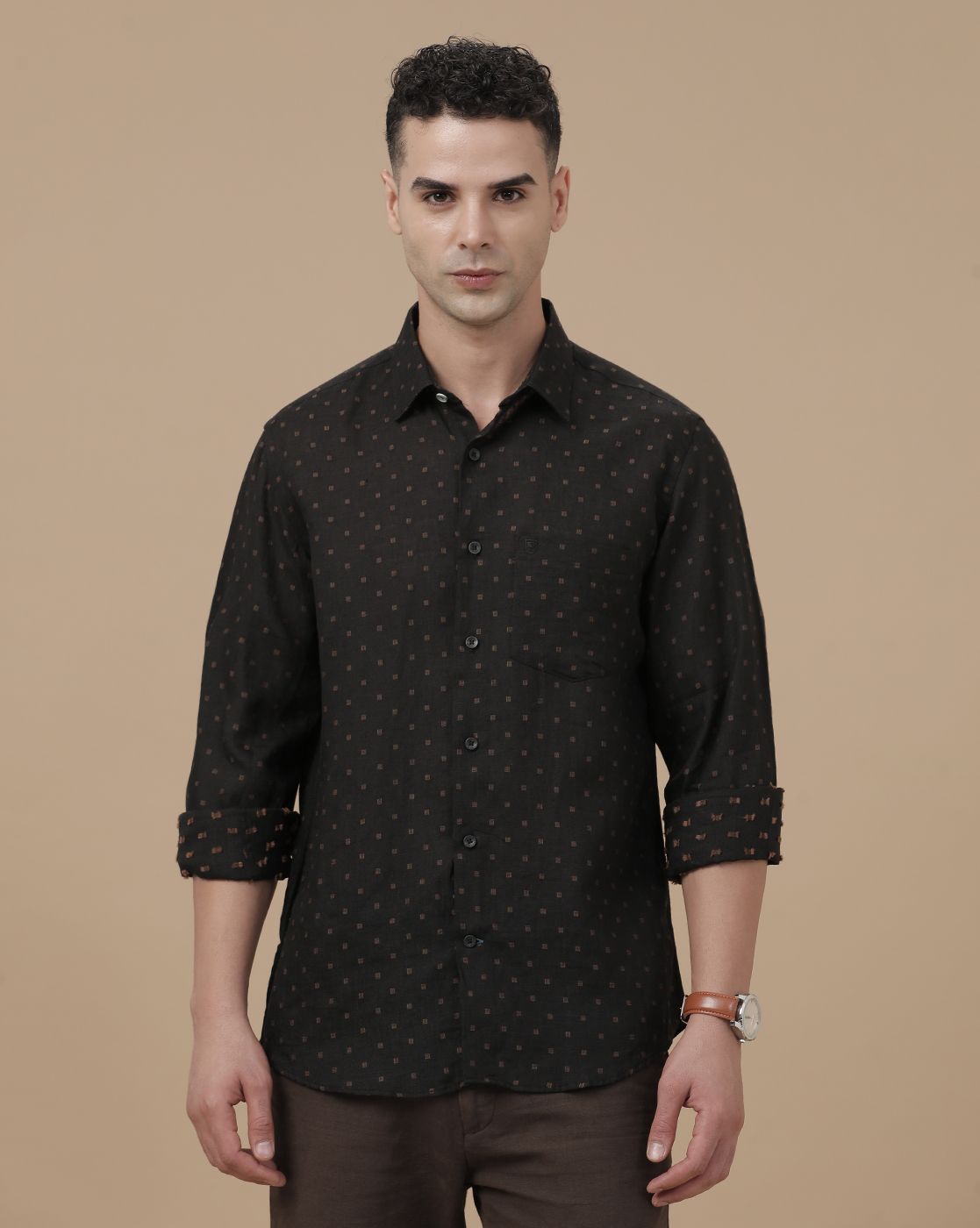 Linen Club Men's Pure Linen Black Dobby Contemporary Fit Full Sleeve Casual Shirt