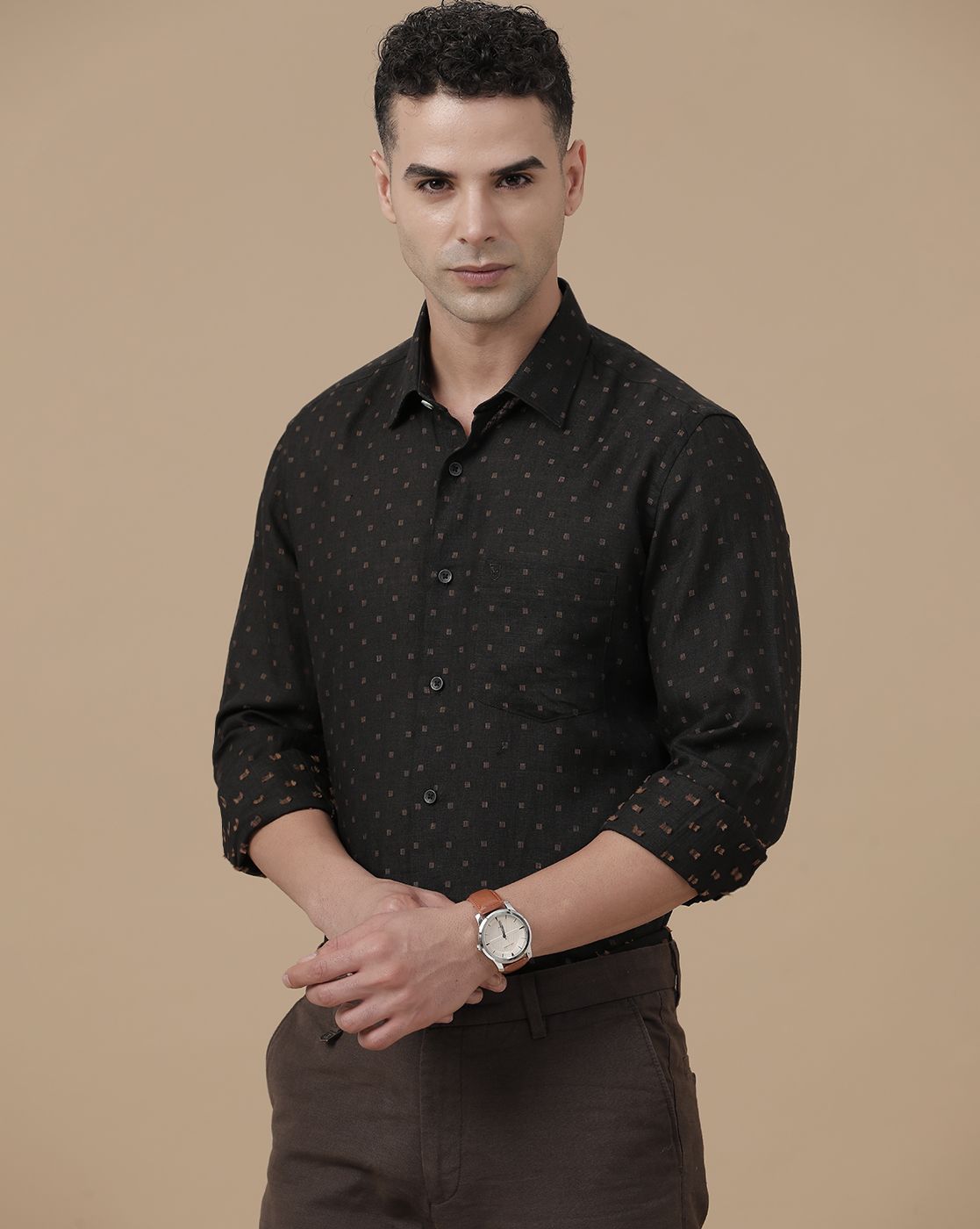 Linen Club Men's Pure Linen Black Dobby Contemporary Fit Full Sleeve Casual Shirt