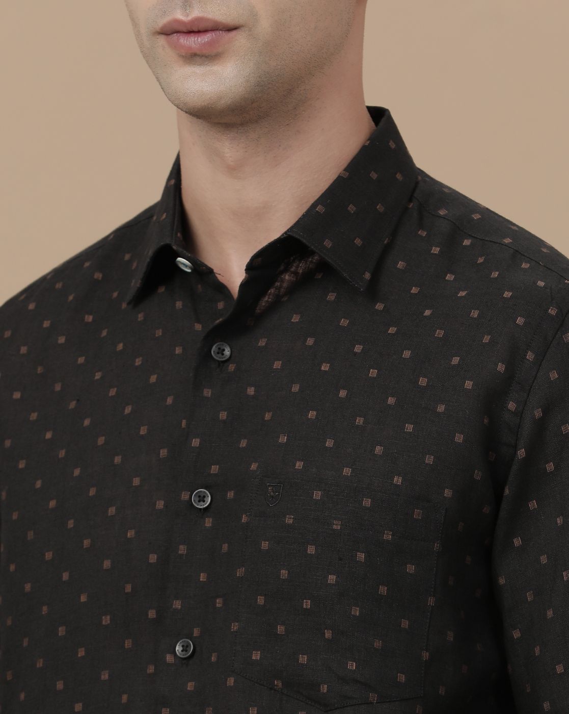 Linen Club Men's Pure Linen Black Dobby Contemporary Fit Full Sleeve Casual Shirt