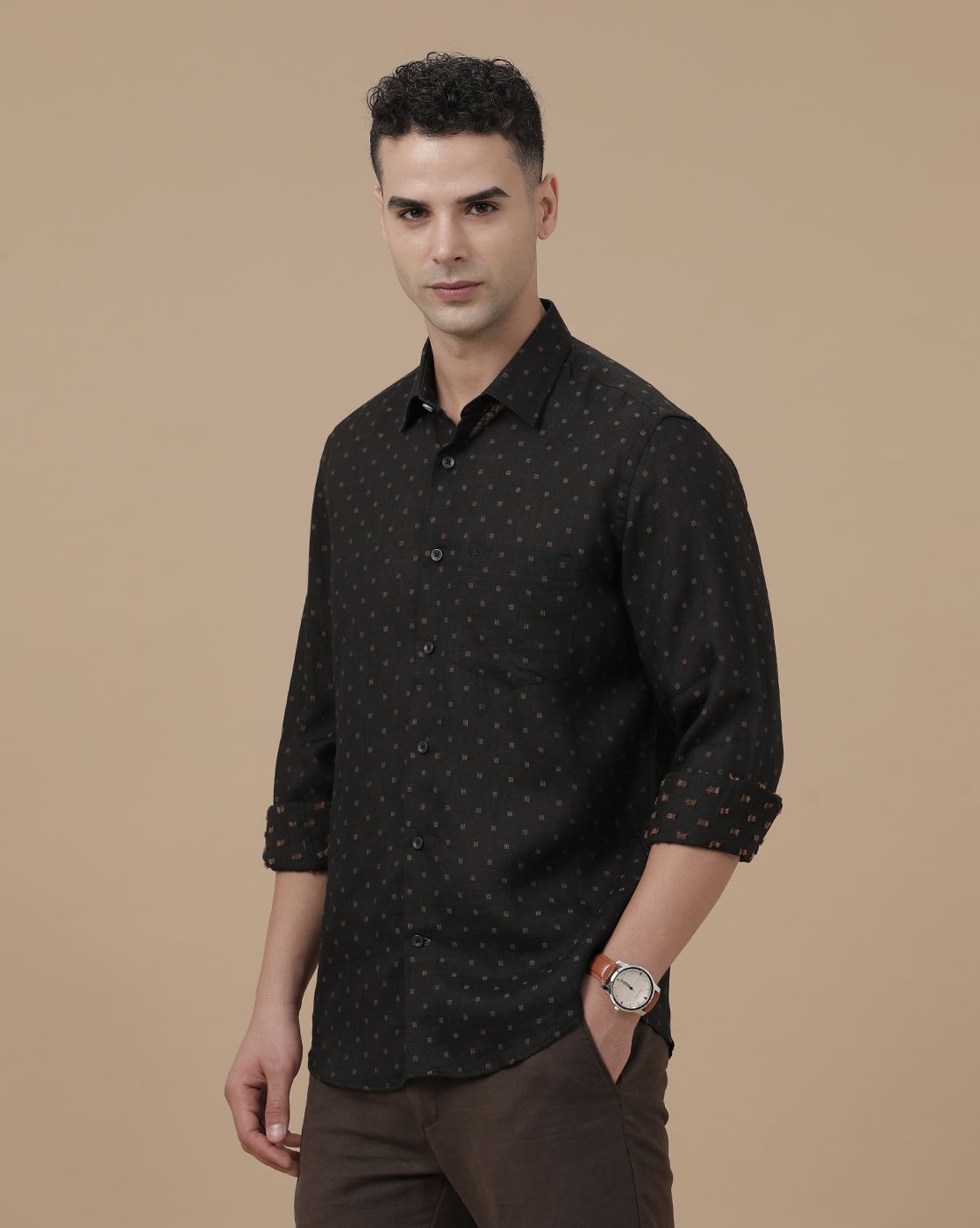 Linen Club Men's Pure Linen Black Dobby Contemporary Fit Full Sleeve Casual Shirt