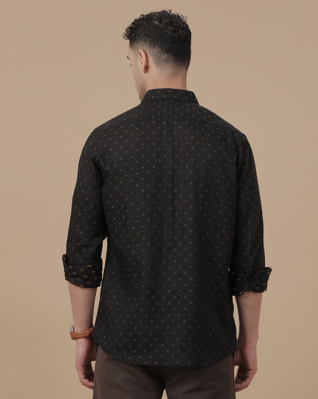 Linen Club Men's Pure Linen Black Dobby Contemporary Fit Full Sleeve Casual Shirt