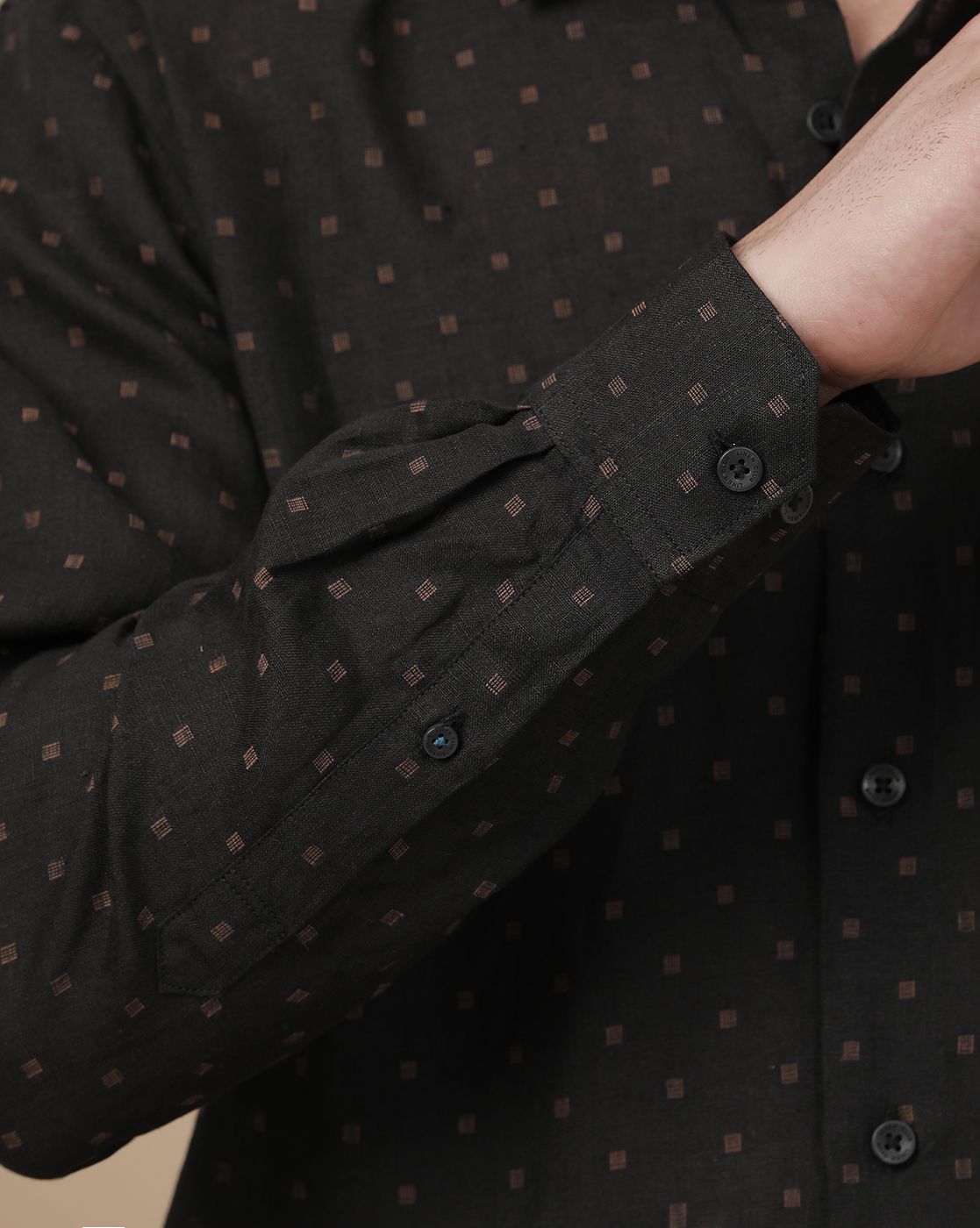 Linen Club Men's Pure Linen Black Dobby Contemporary Fit Full Sleeve Casual Shirt