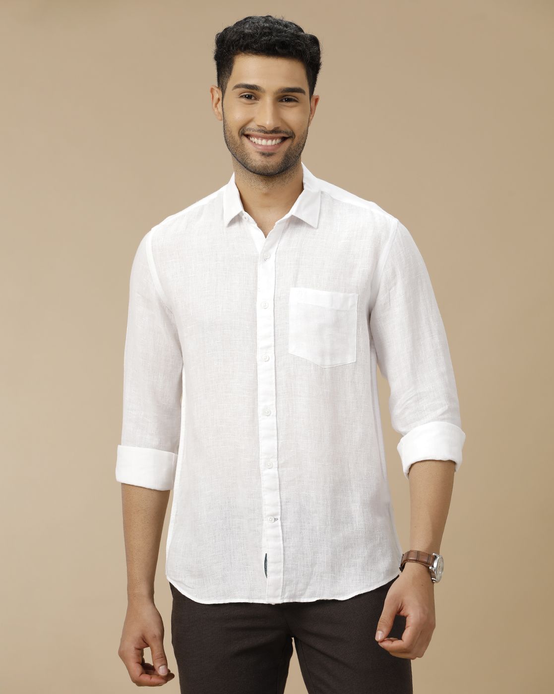 Men's Pure Linen White Solid Contemporary Fit Full Sleeve Casual Shirt