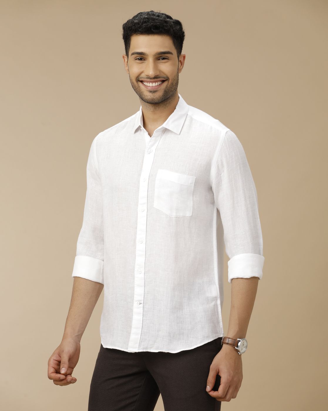 Men's Pure Linen White Solid Contemporary Fit Full Sleeve Casual Shirt