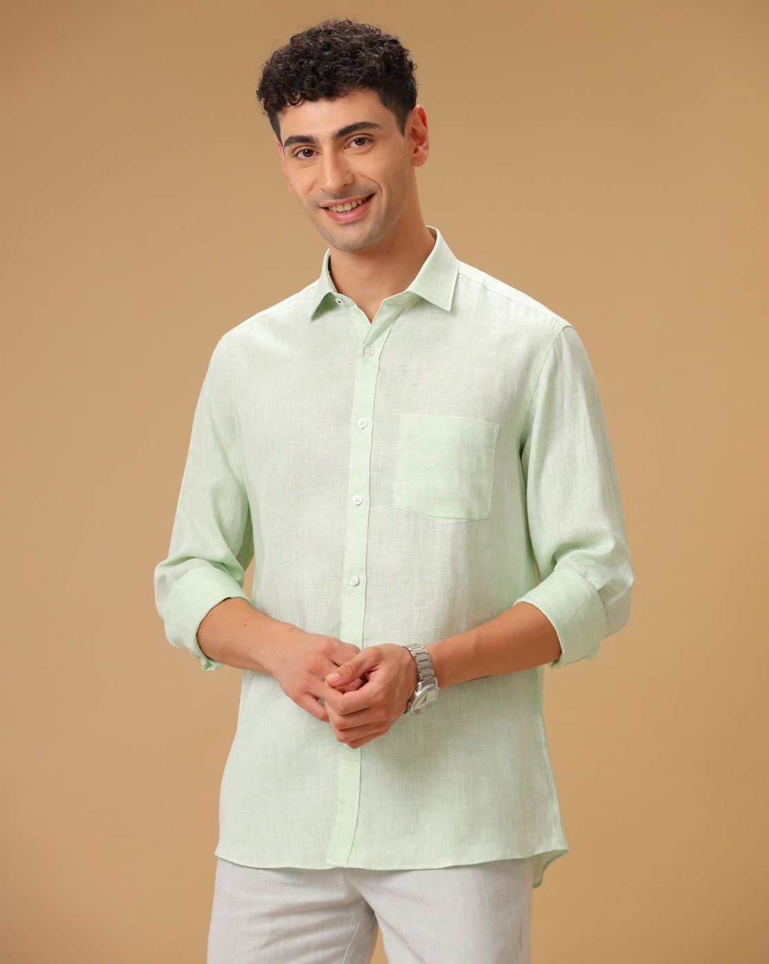 Men's Pure Linen Green Dobby Contemporary Fit Full Sleeve Casual Shirt