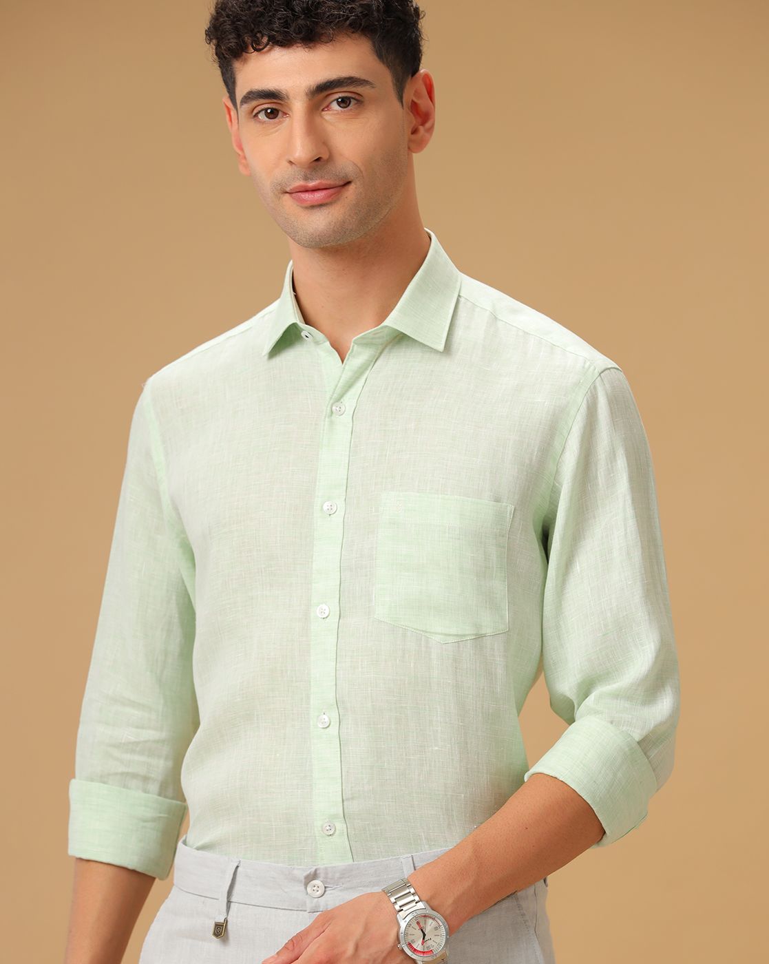 Men's Pure Linen Green Dobby Contemporary Fit Full Sleeve Casual Shirt