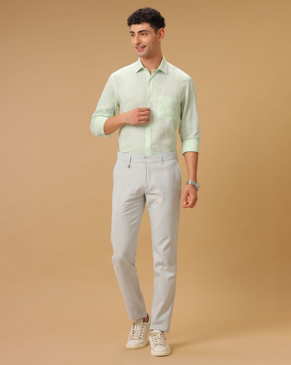 Men's Pure Linen Green Dobby Contemporary Fit Full Sleeve Casual Shirt