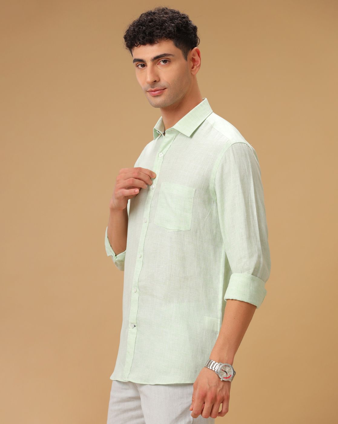 Men's Pure Linen Green Dobby Contemporary Fit Full Sleeve Casual Shirt