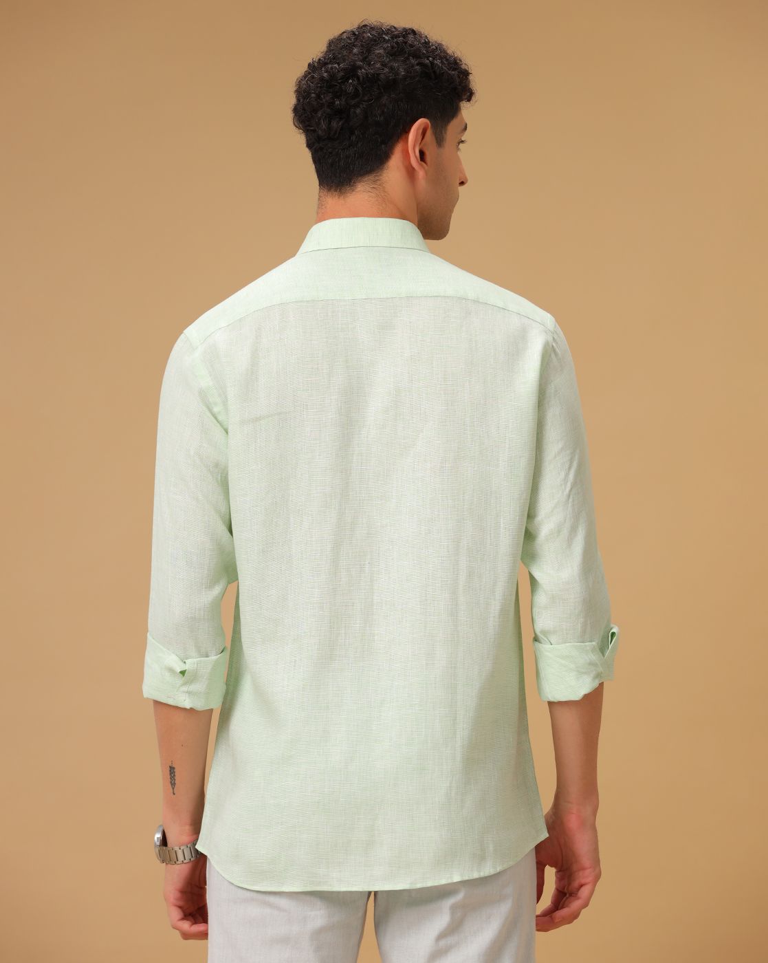 Men's Pure Linen Green Dobby Contemporary Fit Full Sleeve Casual Shirt