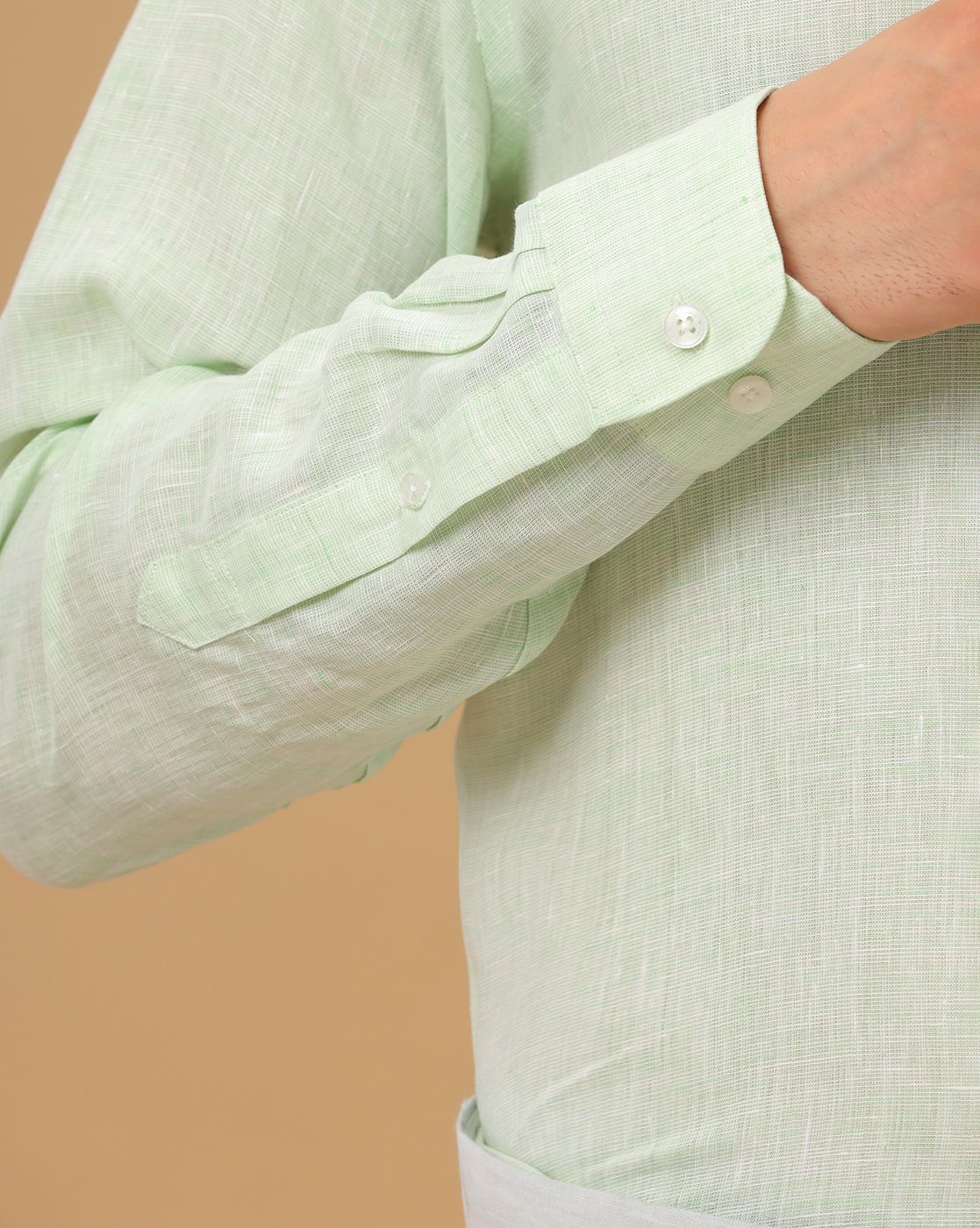 Men's Pure Linen Green Dobby Contemporary Fit Full Sleeve Casual Shirt
