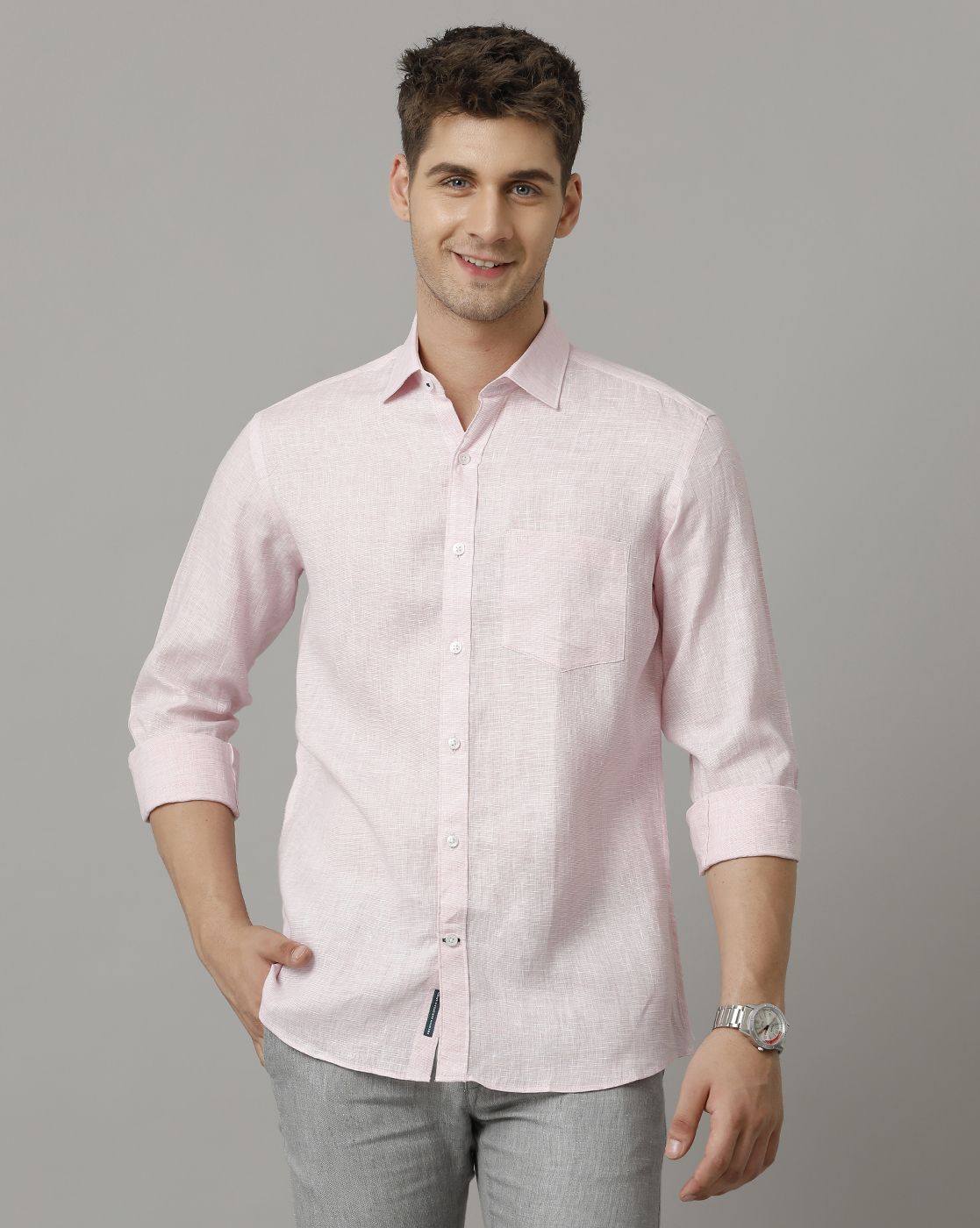 Men's Pure Linen Pink Solid Contemporary Fit Full Sleeve Sleeve Casual Shirt