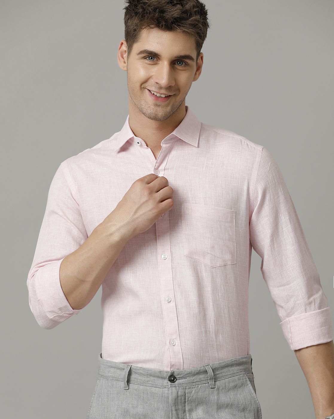 Men's Pure Linen Pink Solid Contemporary Fit Full Sleeve Sleeve Casual Shirt