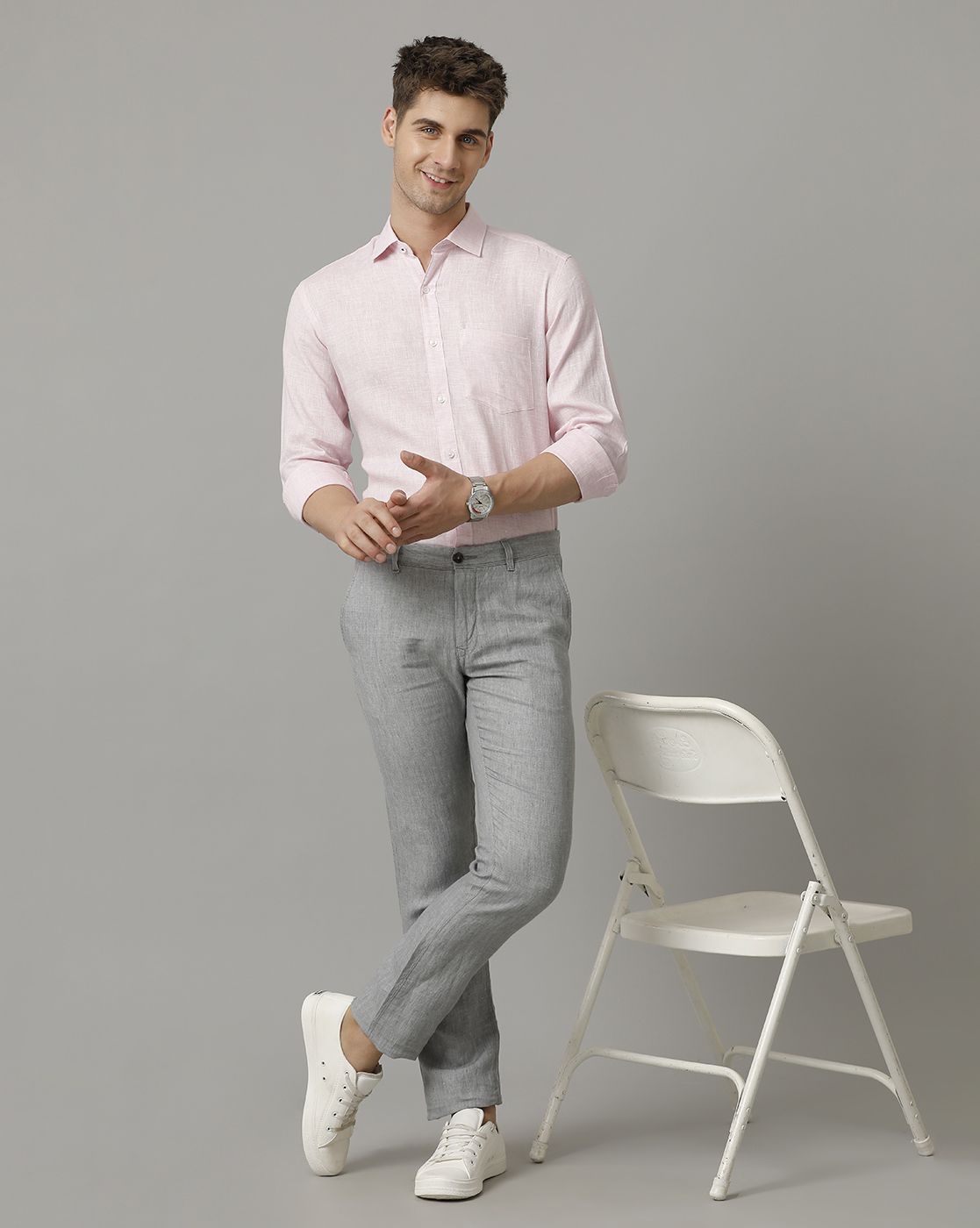 Men's Pure Linen Pink Solid Contemporary Fit Full Sleeve Sleeve Casual Shirt