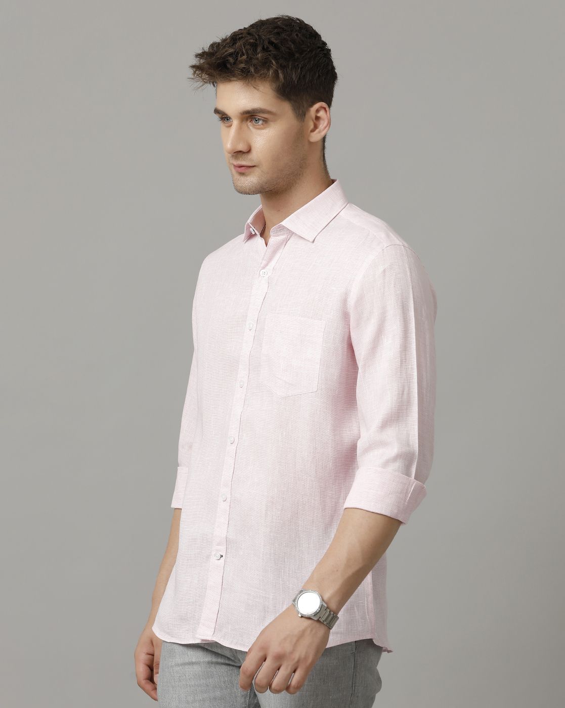 Men's Pure Linen Pink Solid Contemporary Fit Full Sleeve Sleeve Casual Shirt