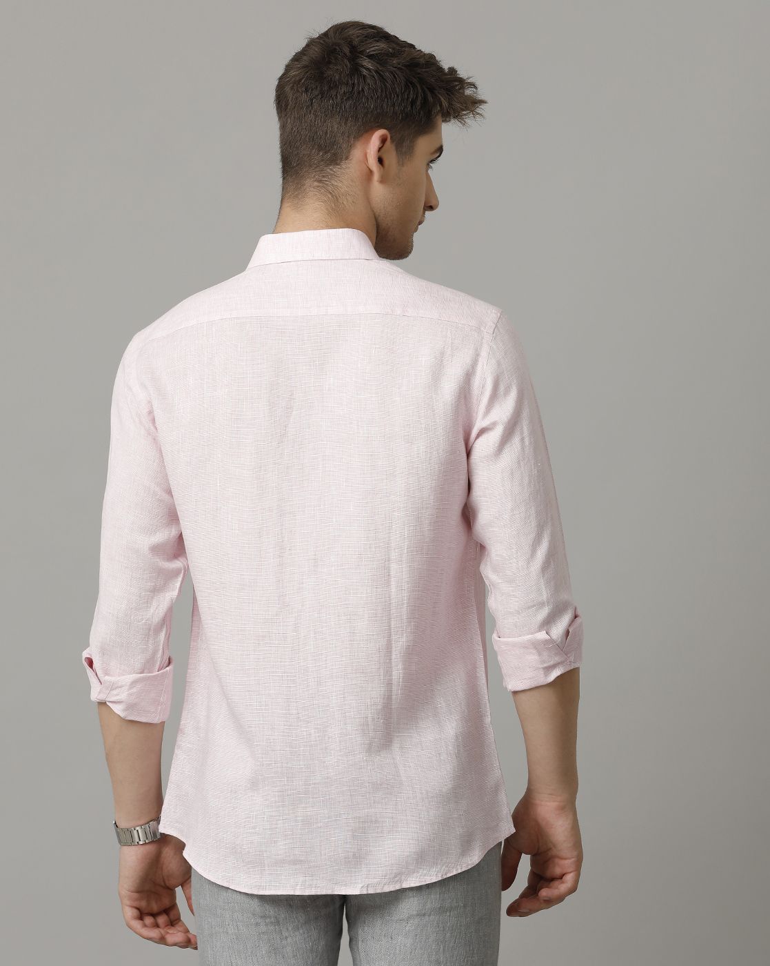 Men's Pure Linen Pink Solid Contemporary Fit Full Sleeve Sleeve Casual Shirt