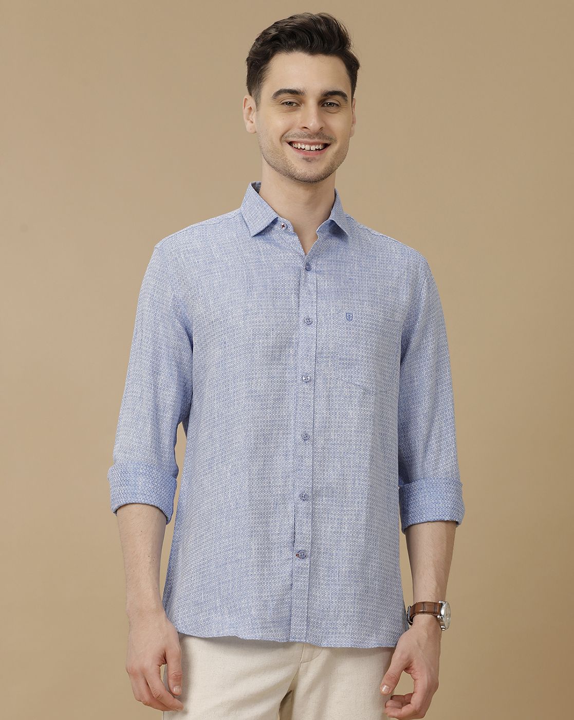 Men's Pure Linen Blue Printed Contemporary Fit Full Sleeve Casual Shirt