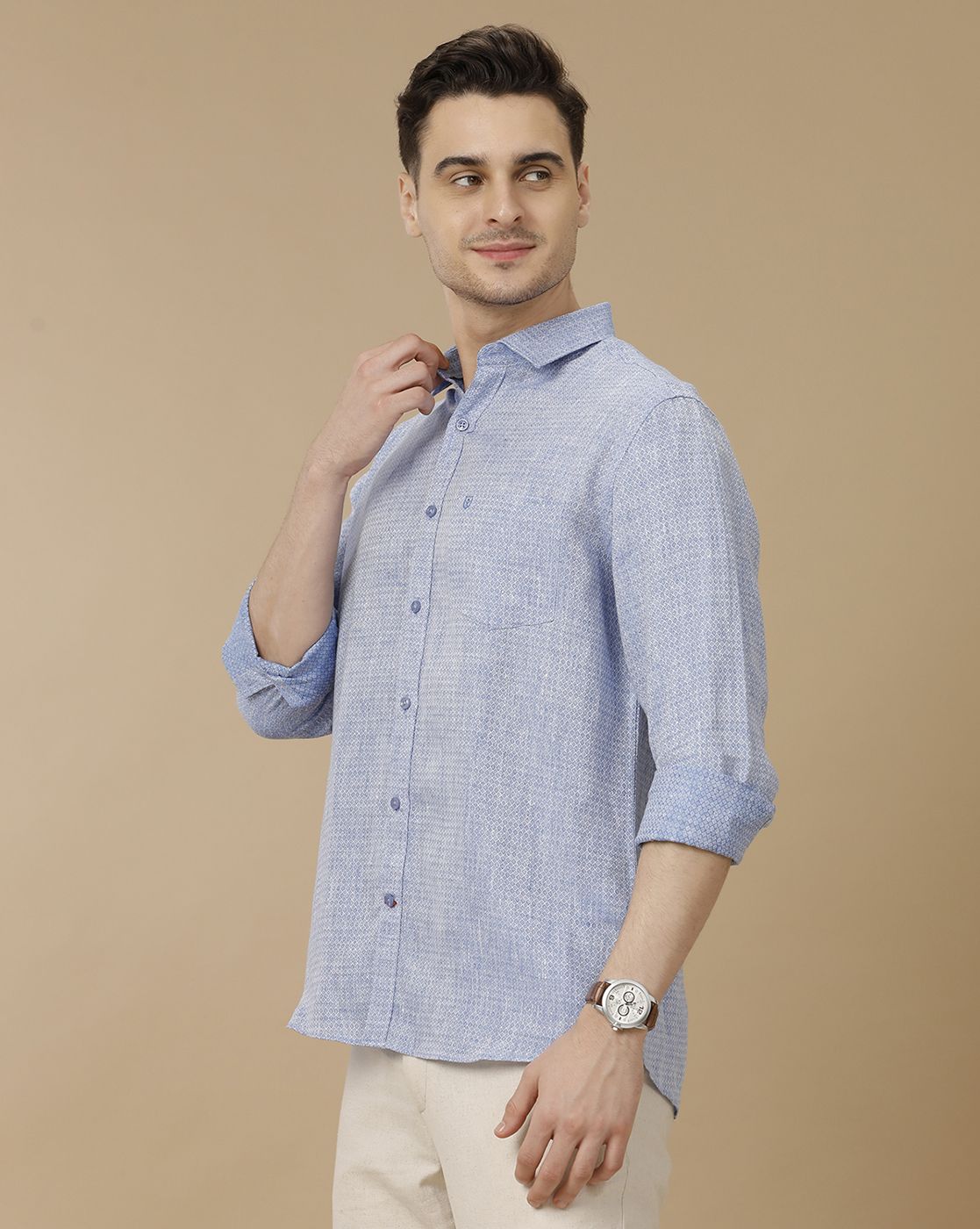 Men's Pure Linen Blue Printed Contemporary Fit Full Sleeve Casual Shirt