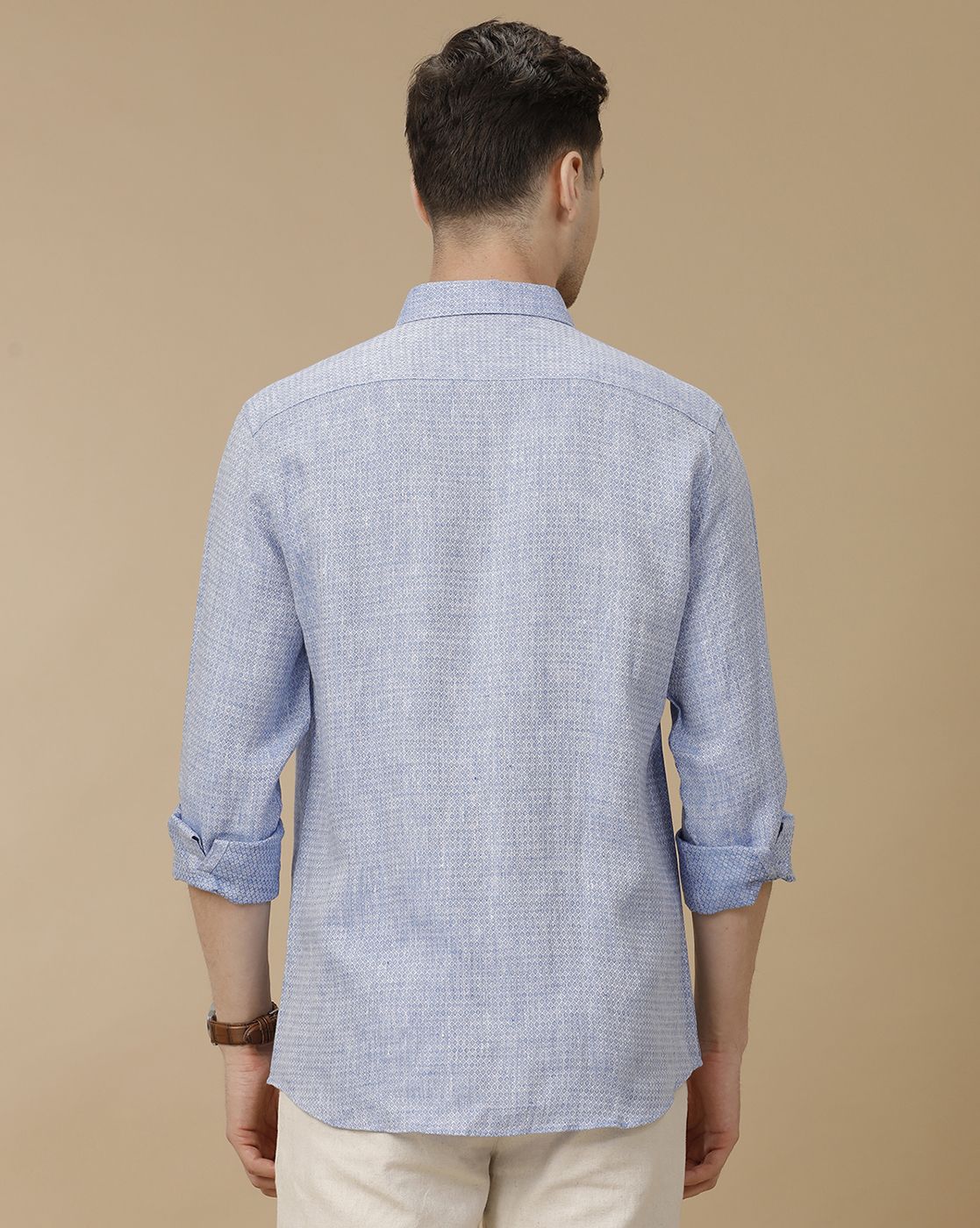 Men's Pure Linen Blue Printed Contemporary Fit Full Sleeve Casual Shirt
