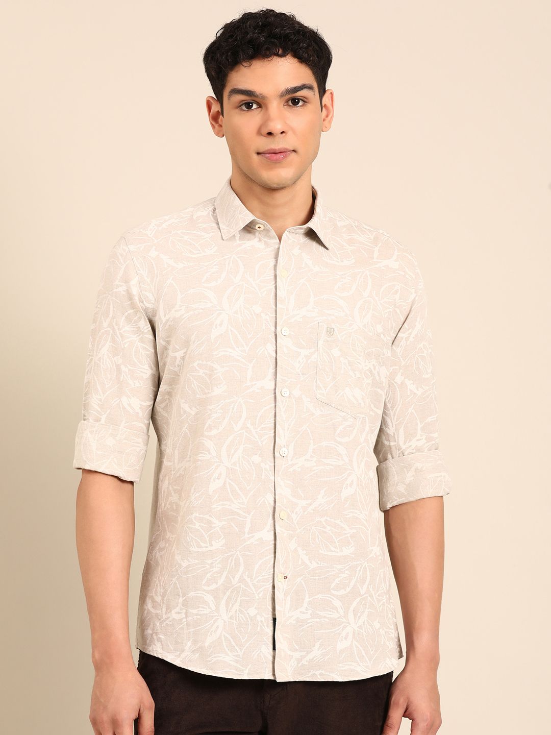 Linen Club Men's Linen Rich Natural Printed Contemporary Fit Full Sleeve Casual Shirt