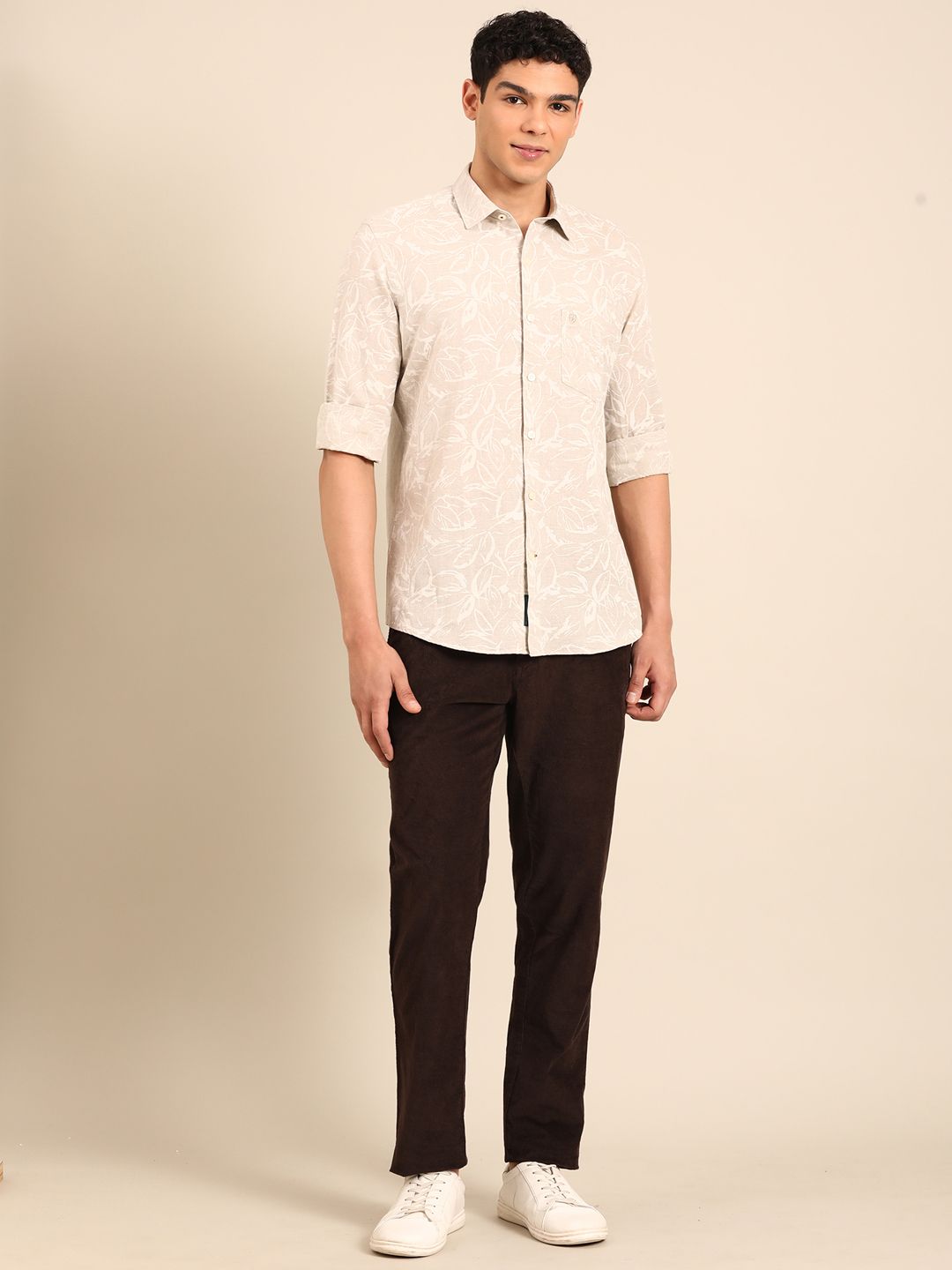 Linen Club Men's Linen Rich Natural Printed Contemporary Fit Full Sleeve Casual Shirt
