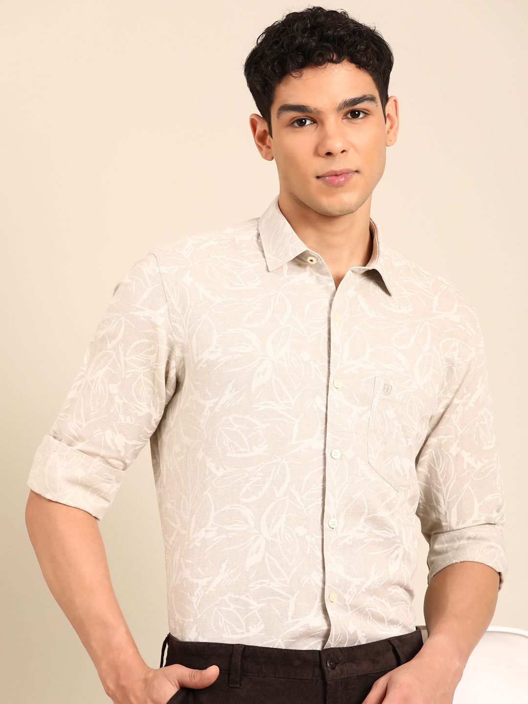 Linen Club Men's Linen Rich Natural Printed Contemporary Fit Full Sleeve Casual Shirt