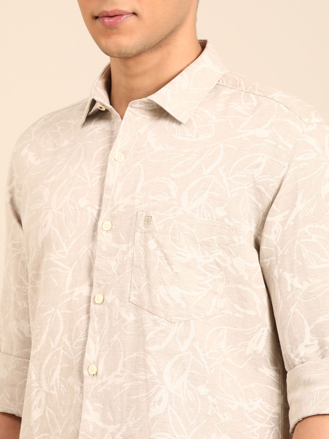 Linen Club Men's Linen Rich Natural Printed Contemporary Fit Full Sleeve Casual Shirt