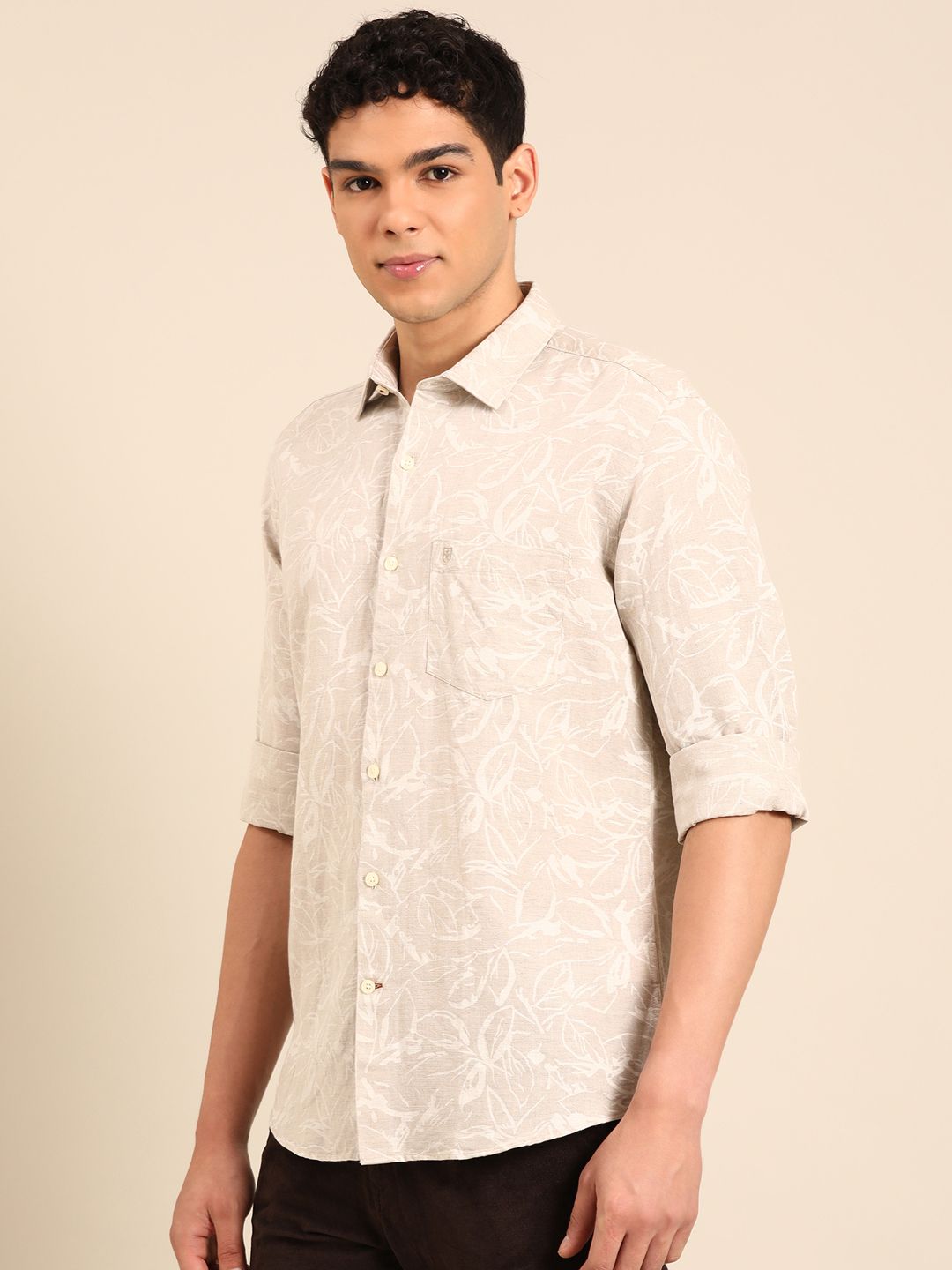 Linen Club Men's Linen Rich Natural Printed Contemporary Fit Full Sleeve Casual Shirt