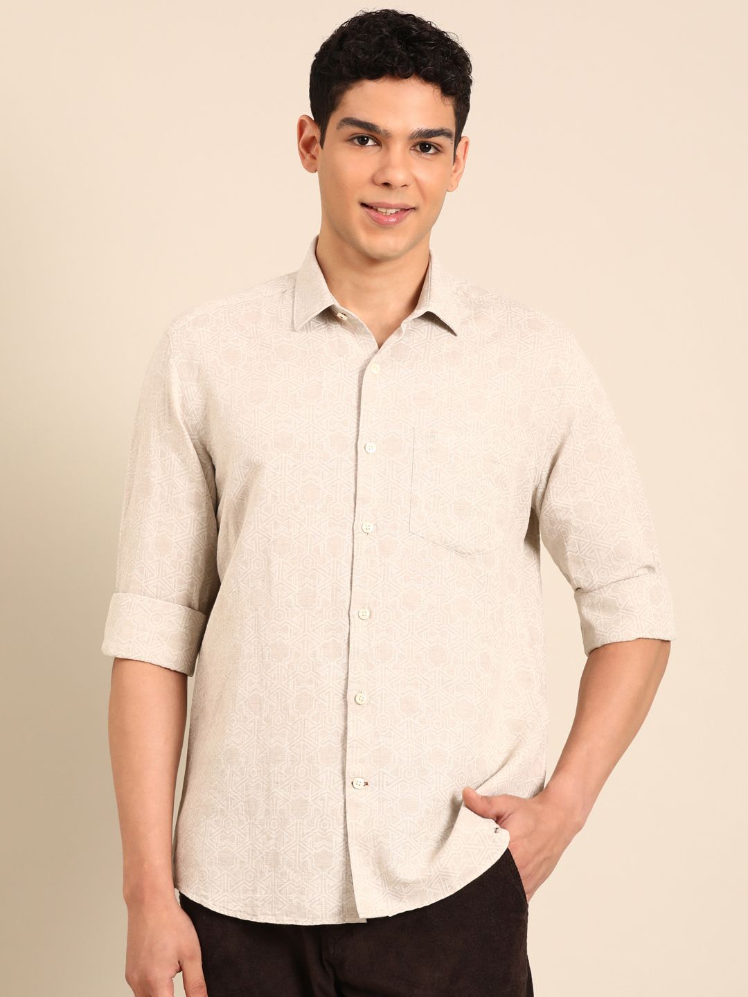 Linen Club Men's Linen Rich Natural Printed Contemporary Fit Full Sleeve Casual Shirt