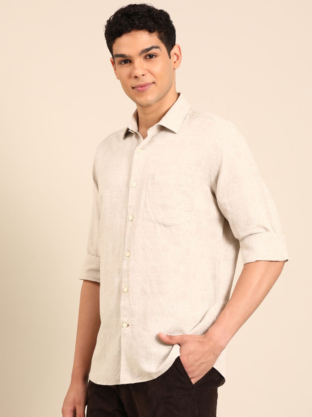 Linen Club Men's Linen Rich Natural Printed Contemporary Fit Full Sleeve Casual Shirt