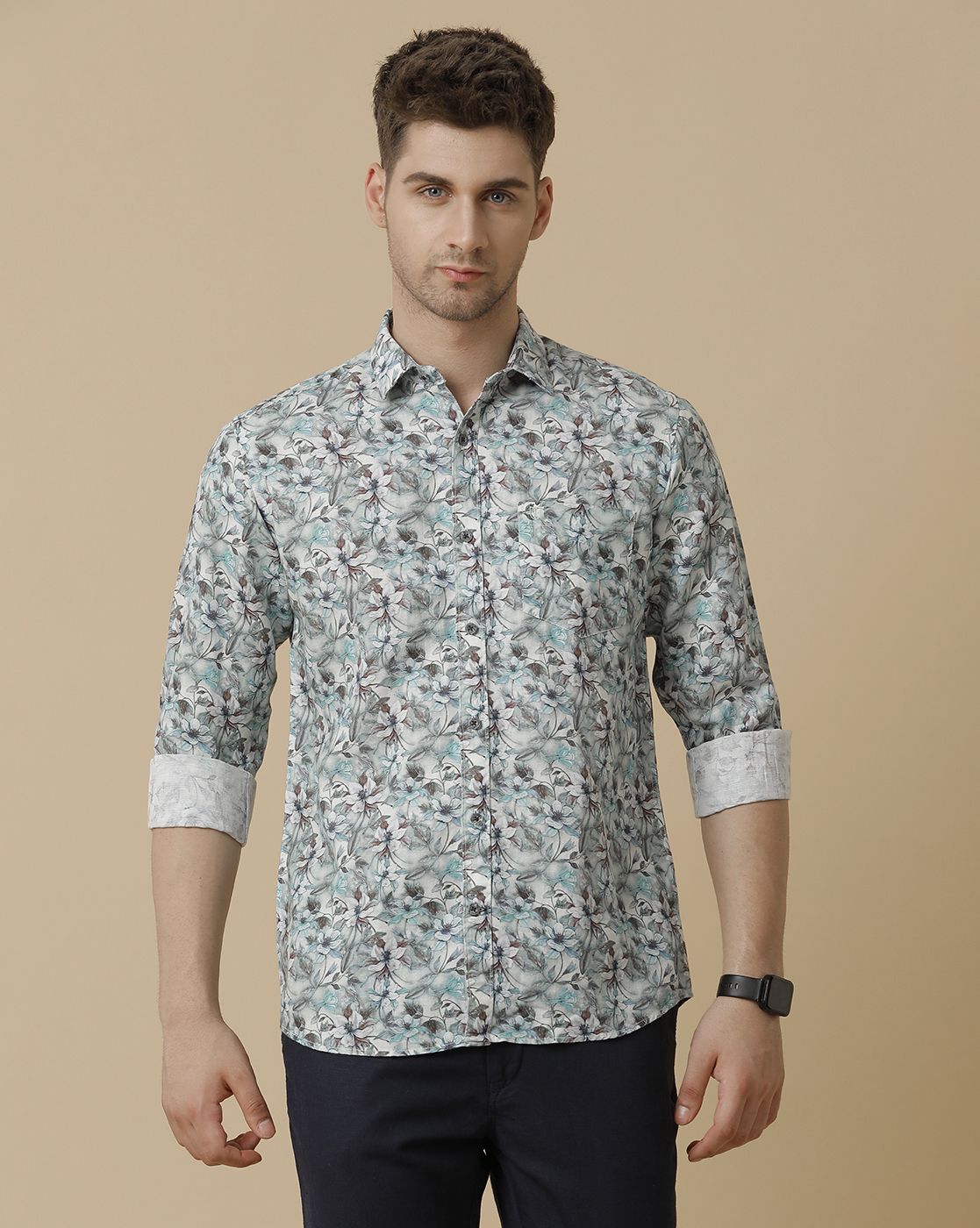 Men's Linen Rich Green Printed Contemporary Fit Full Sleeve Sleeve Casual Shirt