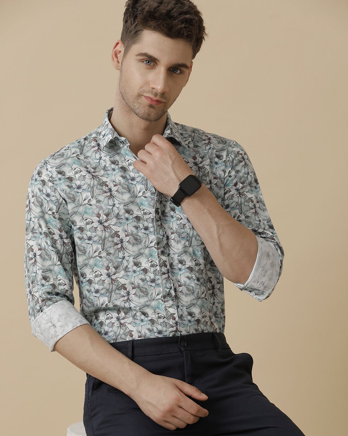 Men's Linen Rich Green Printed Contemporary Fit Full Sleeve Sleeve Casual Shirt