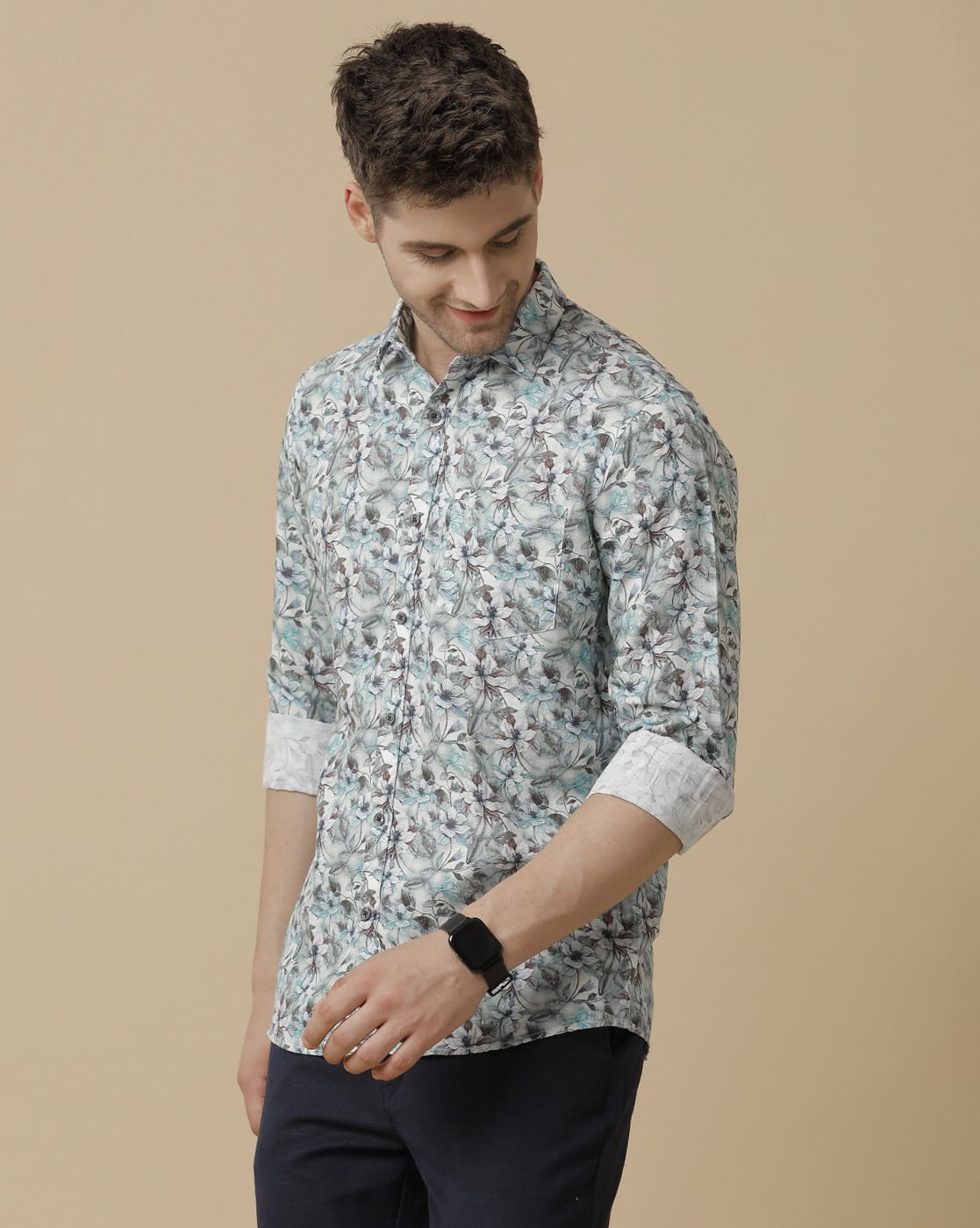Men's Linen Rich Green Printed Contemporary Fit Full Sleeve Sleeve Casual Shirt