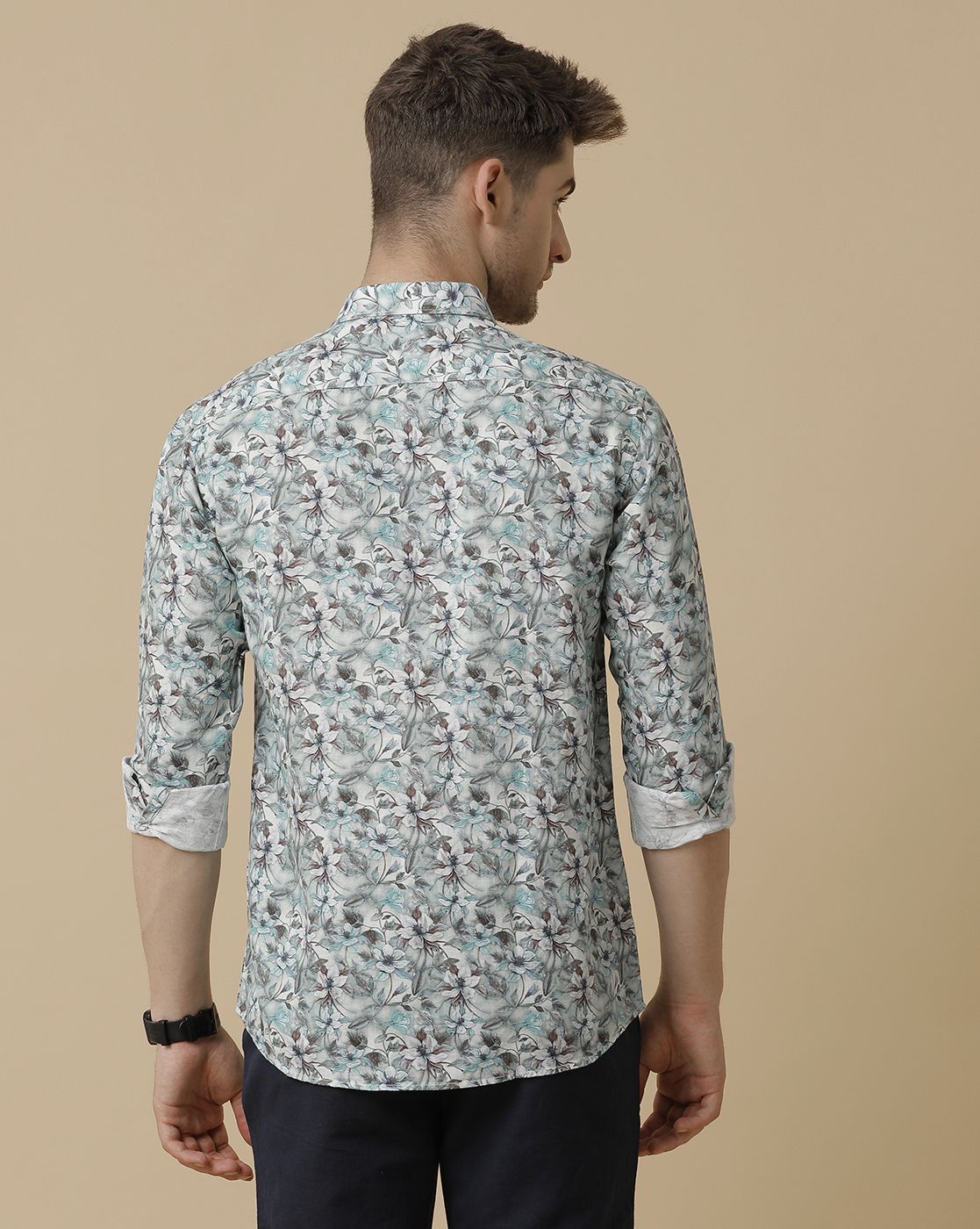 Men's Linen Rich Green Printed Contemporary Fit Full Sleeve Sleeve Casual Shirt