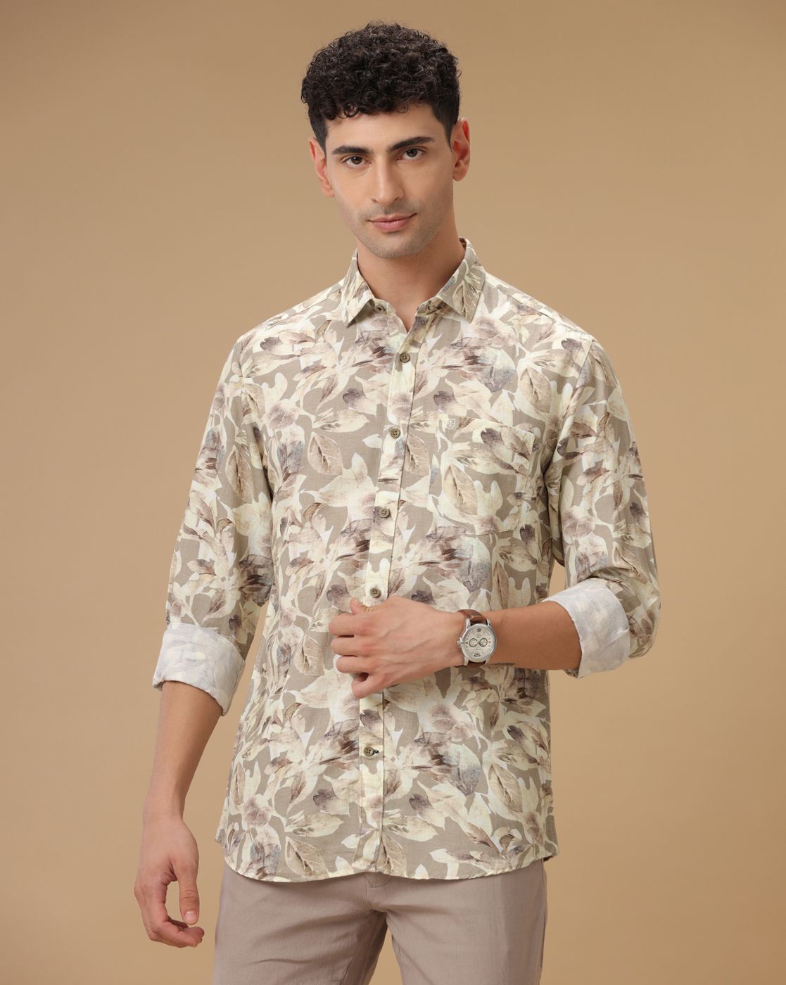 Men's Linen Rich Beige Printed Contemporary Fit Full Sleeve Casual Shirt