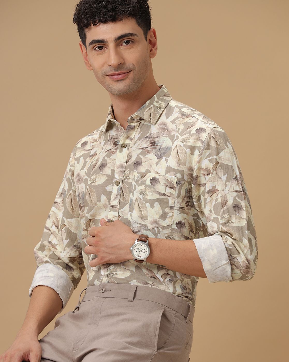 Men's Linen Rich Beige Printed Contemporary Fit Full Sleeve Casual Shirt