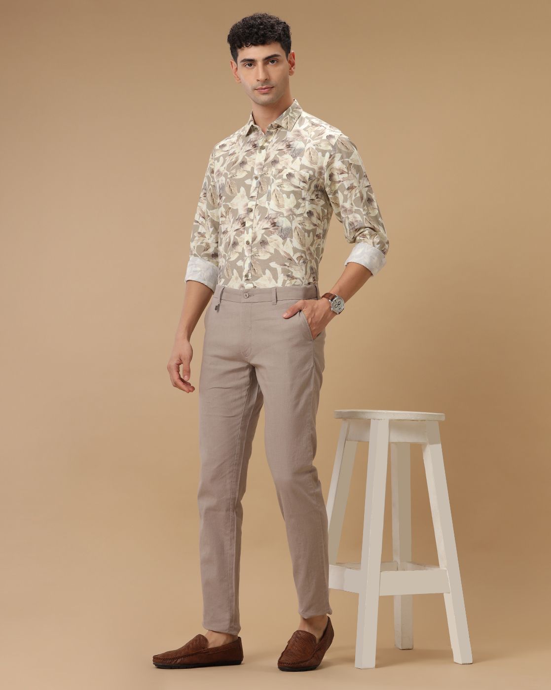 Men's Linen Rich Beige Printed Contemporary Fit Full Sleeve Casual Shirt